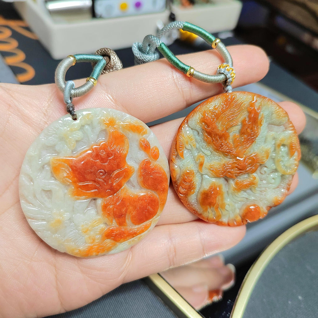 Certified A-Grade Burmese Rare Red Jadeite Carved Fox-Dragon-Landscape Round Pendant Necklace SL351