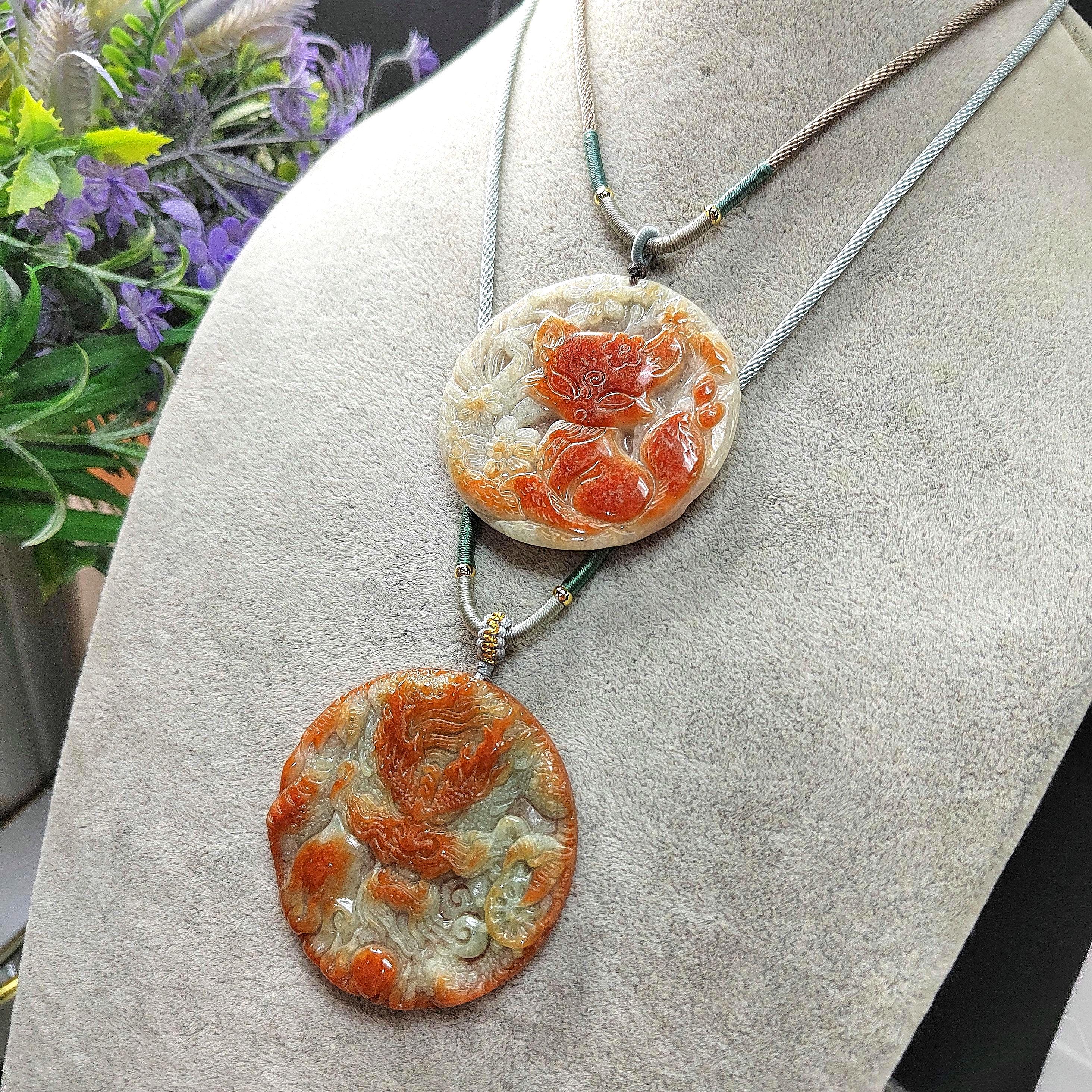 Certified A-Grade Burmese Rare Red Jadeite Carved Fox-Dragon-Landscape Round Pendant Necklace SL351