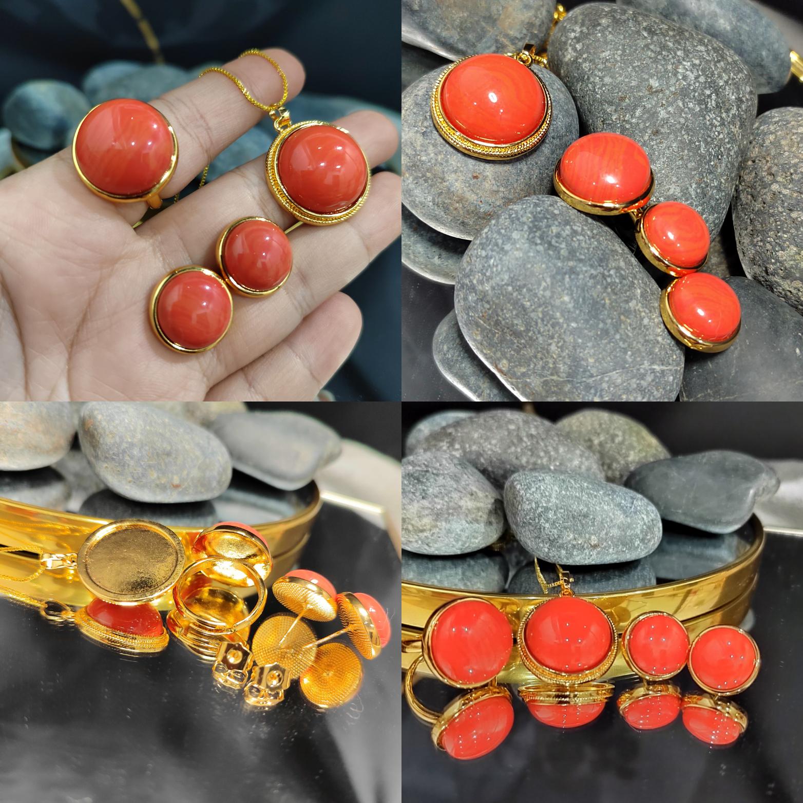 Certified Cultivated Momo Beautiful 3pcs Set Round Elegant Design Natural Coral Earrings - Ring - Pendant/Chain SL357