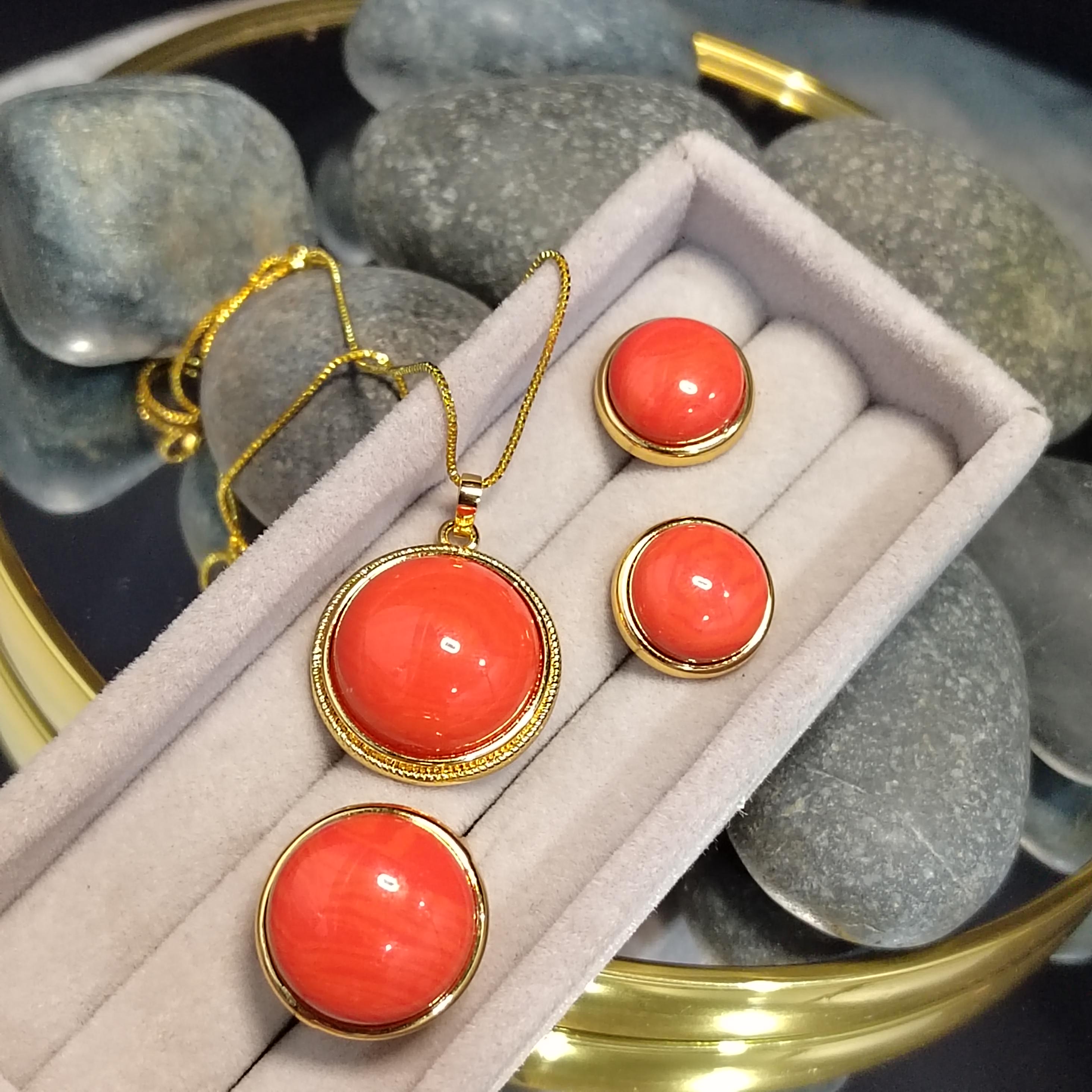 Certified Cultivated Momo Beautiful 3pcs Set Round Elegant Design Natural Coral Earrings - Ring - Pendant/Chain SL357