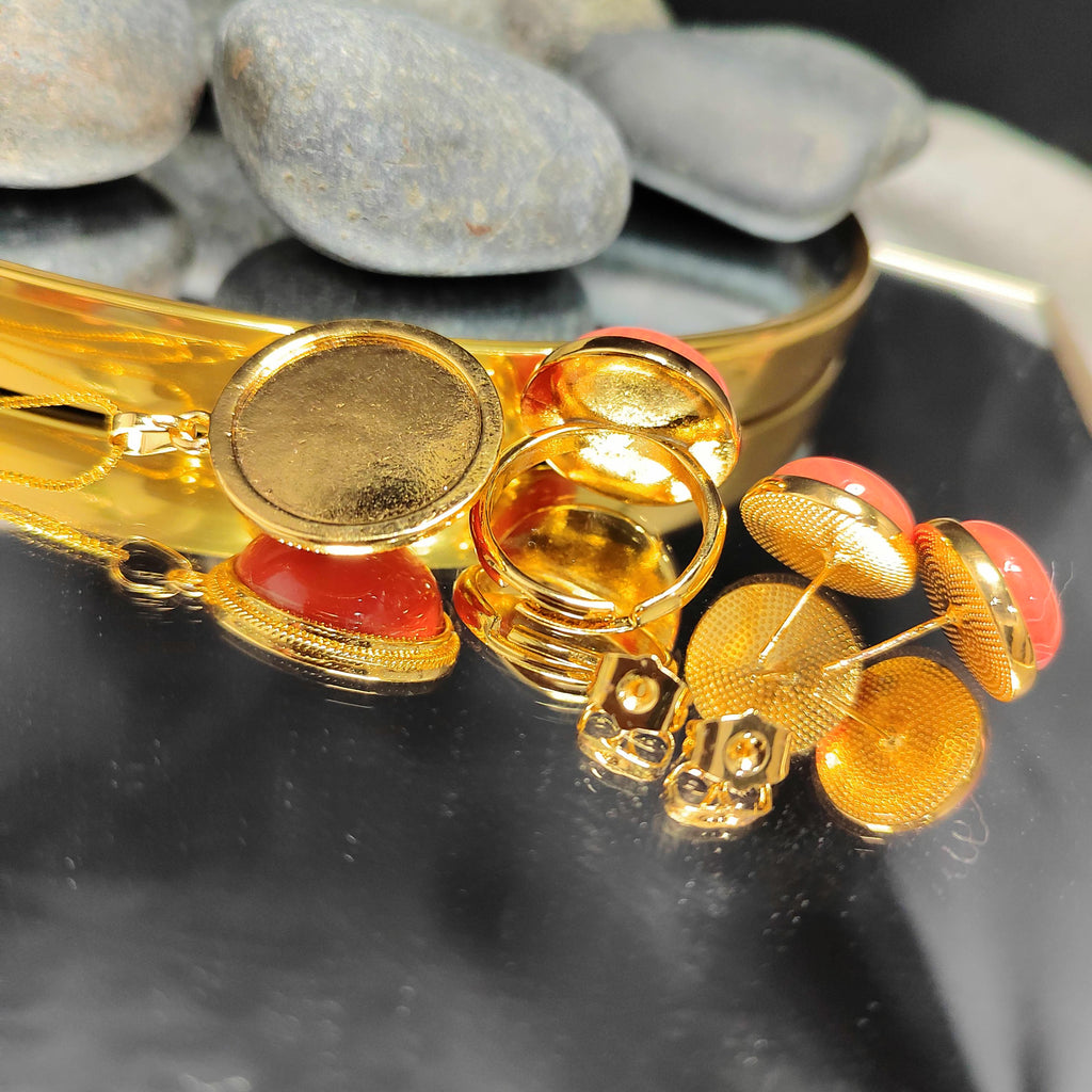 Certified Cultivated Momo Beautiful 3pcs Set Round Elegant Design Natural Coral Earrings - Ring - Pendant/Chain SL357