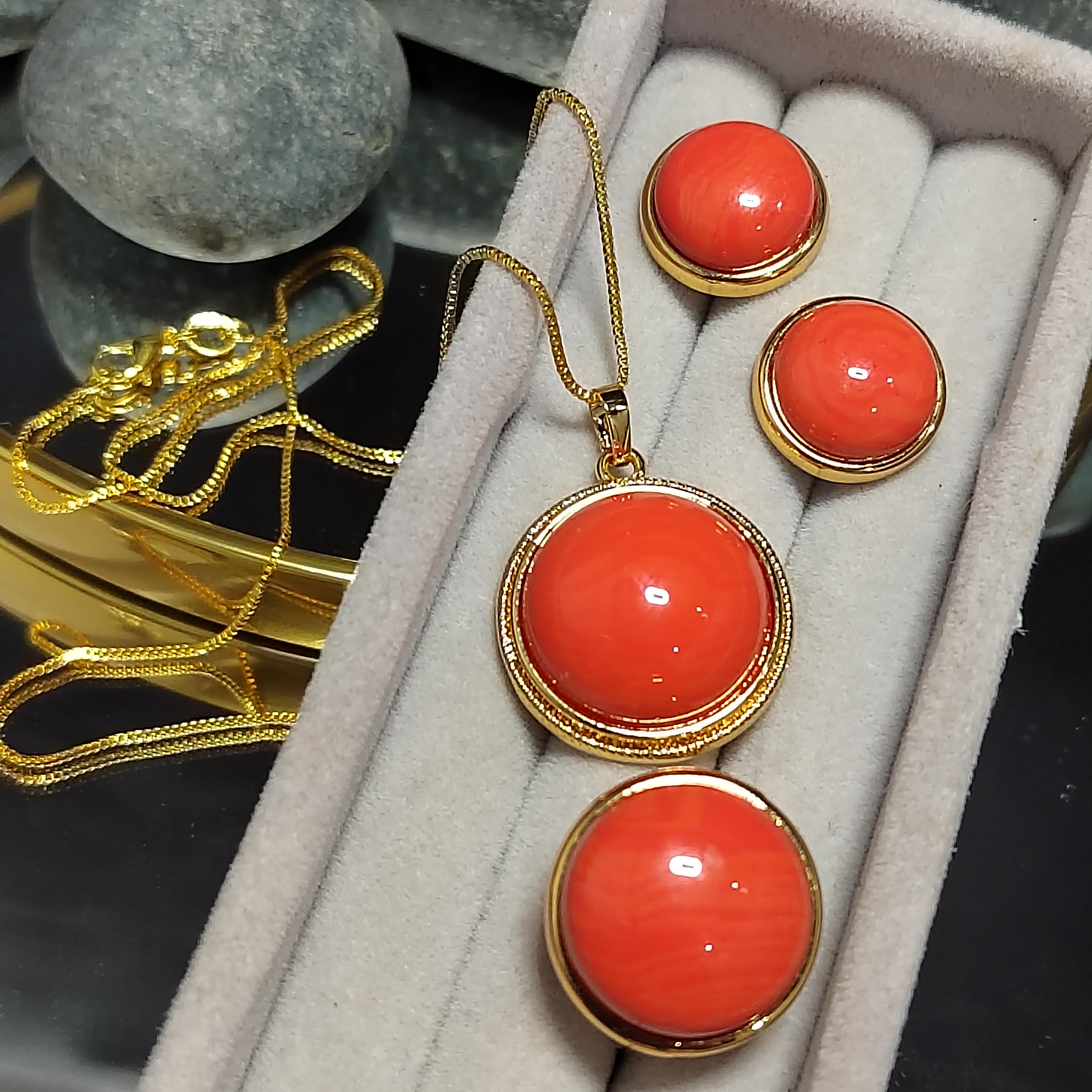 Certified Cultivated Momo Beautiful 3pcs Set Round Elegant Design Natural Coral Earrings - Ring - Pendant/Chain SL357