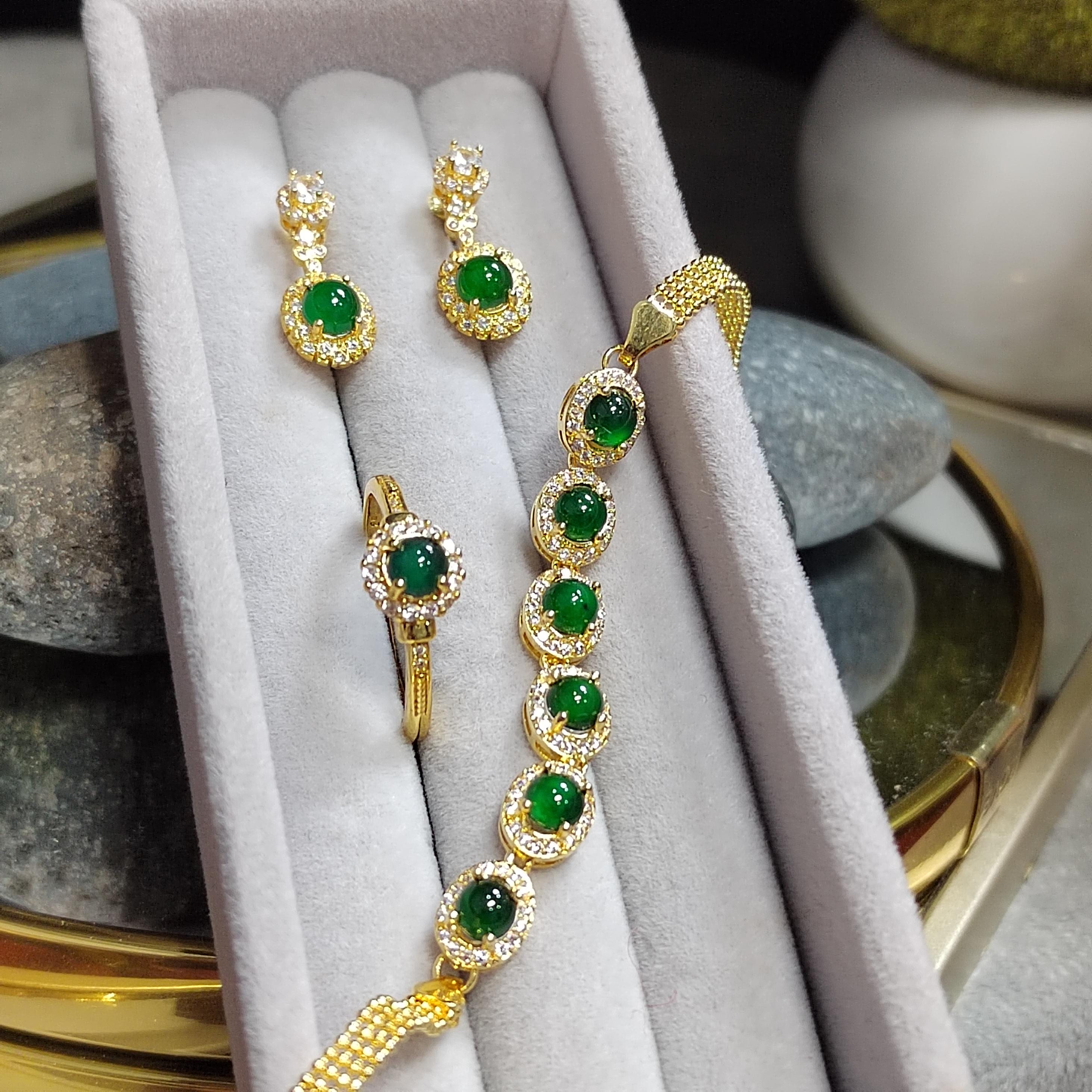 Elegant Guatemalan Jadeite Jewelry Silver Ring, Earring, Bracelet Set with Sparkling Zirconia Accents - 18K Gold Plated SL047