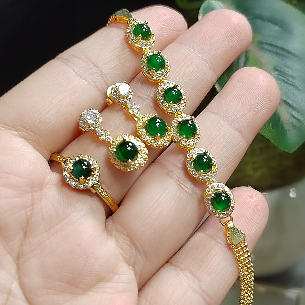 Elegant Guatemalan Jadeite Jewelry Silver Ring, Earring, Bracelet Set with Sparkling Zirconia Accents - 18K Gold Plated SL047