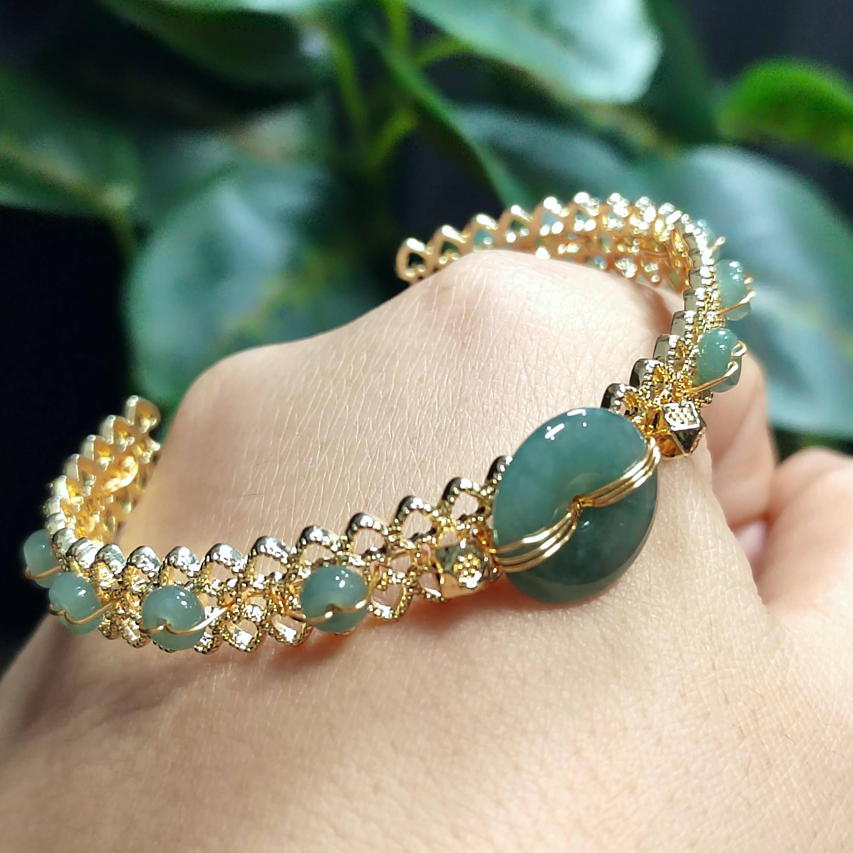 Luxury Adjustable Jadeite Donut Bangle | 14K Gold Plated | Icy Blue-Green Natural Jade Bracelet SL068