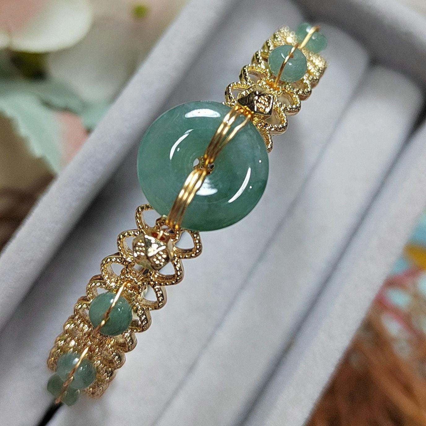 Luxury Adjustable Jadeite Donut Bangle | 14K Gold Plated | Icy Blue-Green Natural Jade Bracelet SL068