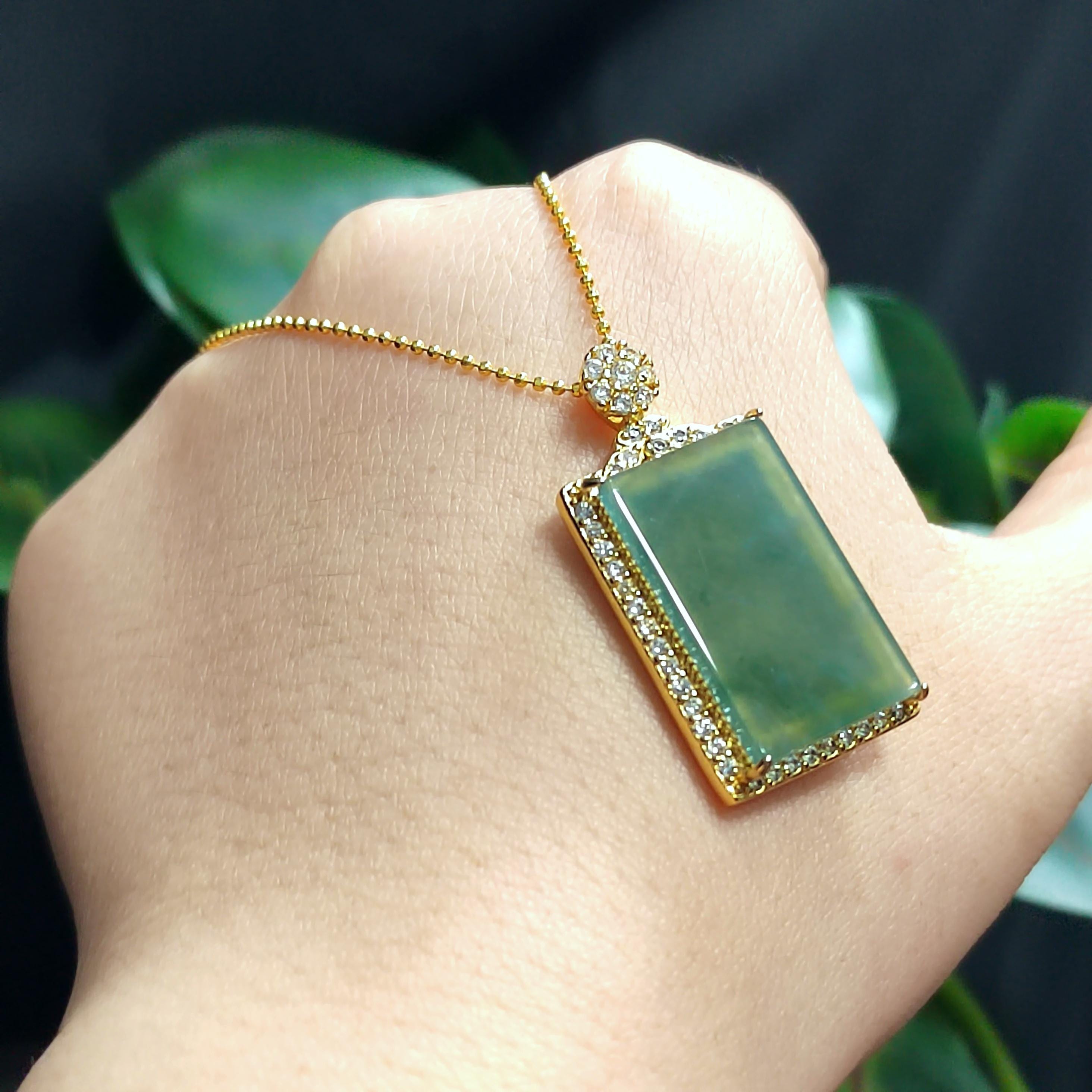 Luxury Sugar Cane Juice Green Jadeite Pendant | Rectangle Natural Jade Necklace with 18K White Gold Plated Silver Chain 37mm SL077