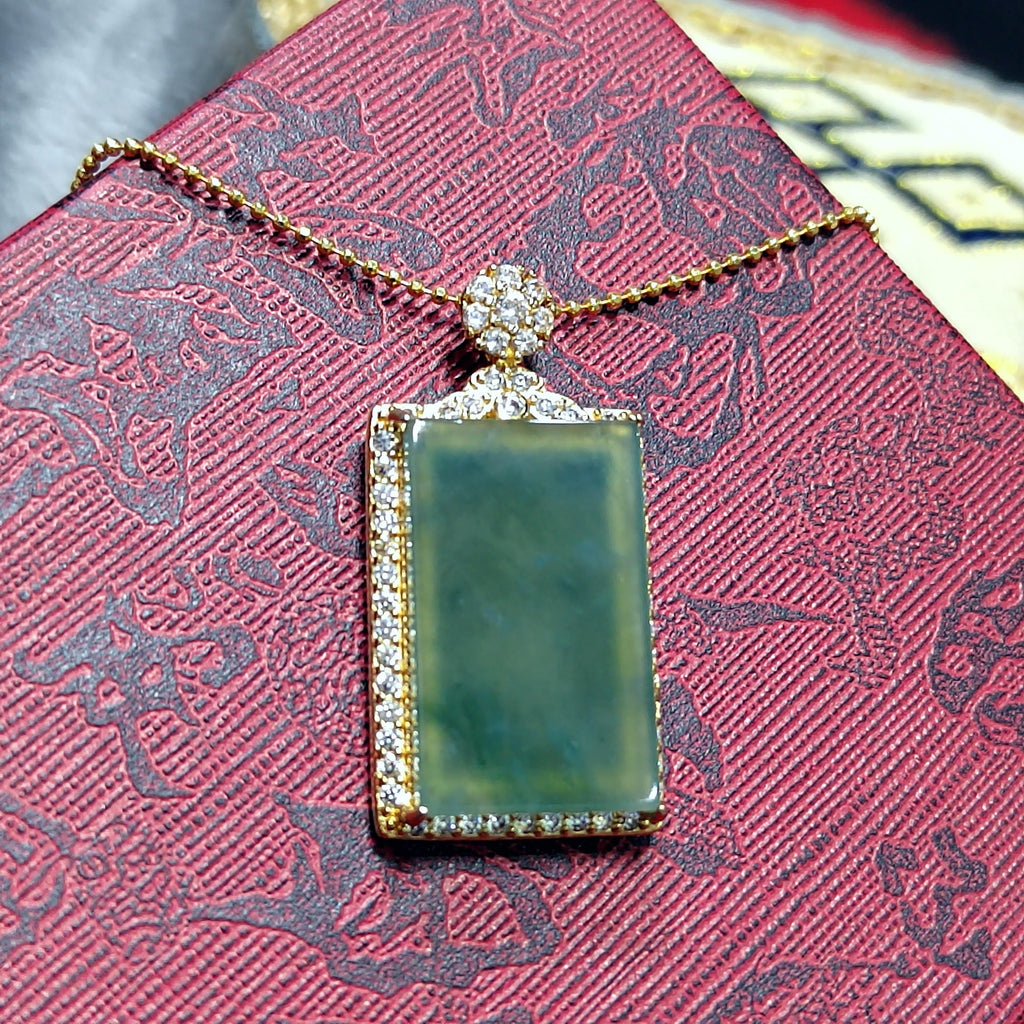 Luxury Sugar Cane Juice Green Jadeite Pendant | Rectangle Natural Jade Necklace with 18K White Gold Plated Silver Chain 37mm SL077