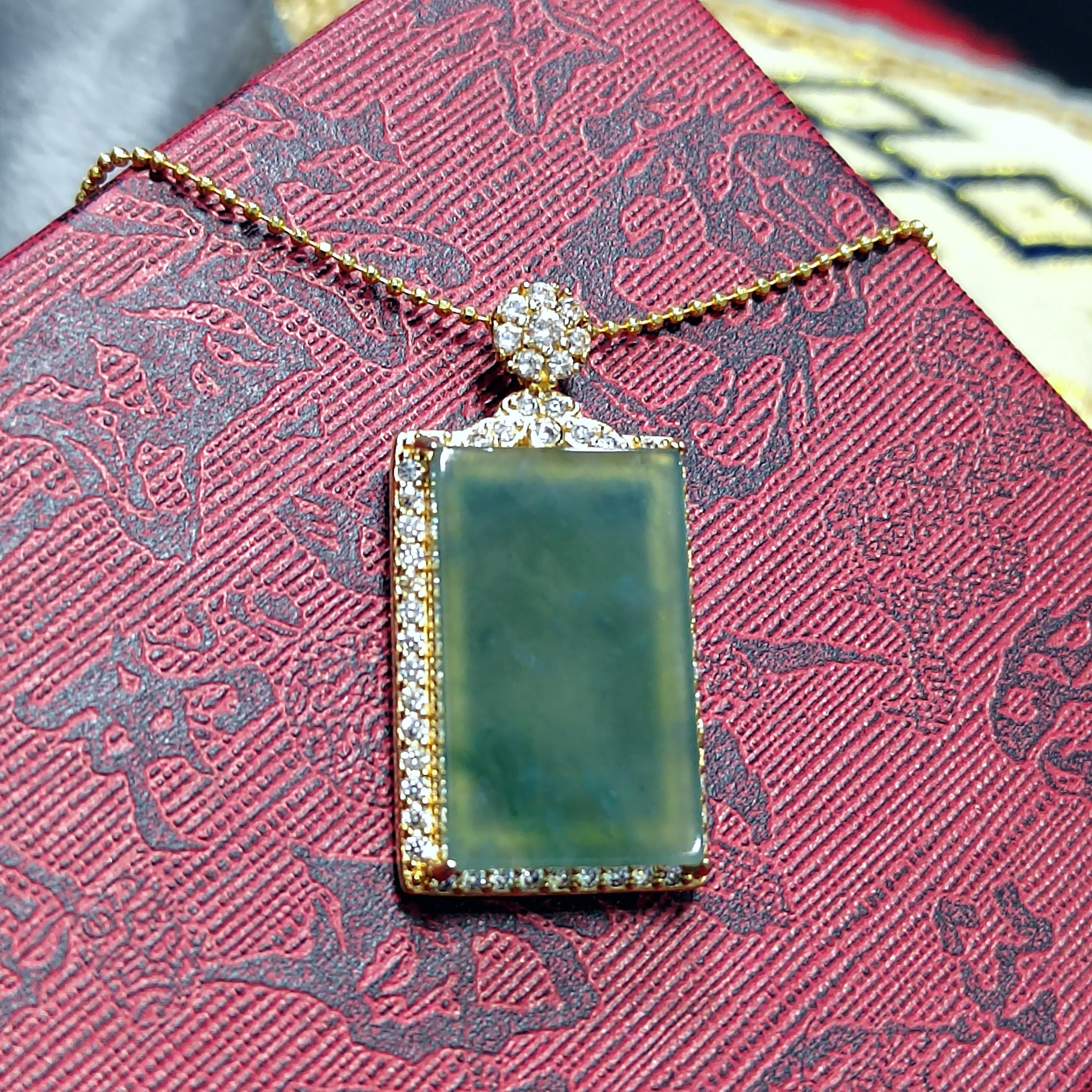 Luxury Sugar Cane Juice Green Jadeite Pendant | Rectangle Natural Jade Necklace with 18K White Gold Plated Silver Chain 37mm SL077