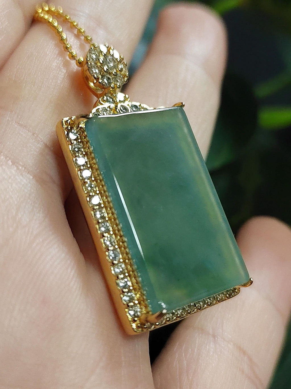 Luxury Sugar Cane Juice Green Jadeite Pendant | Rectangle Natural Jade Necklace with 18K White Gold Plated Silver Chain 37mm SL077