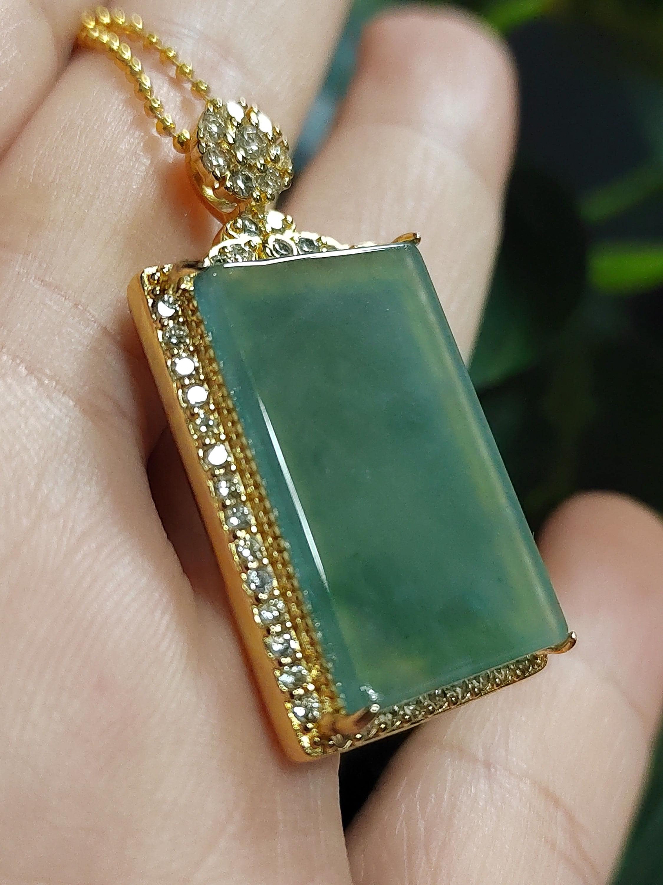 Luxury Sugar Cane Juice Green Jadeite Pendant | Rectangle Natural Jade Necklace with 18K White Gold Plated Silver Chain 37mm SL077