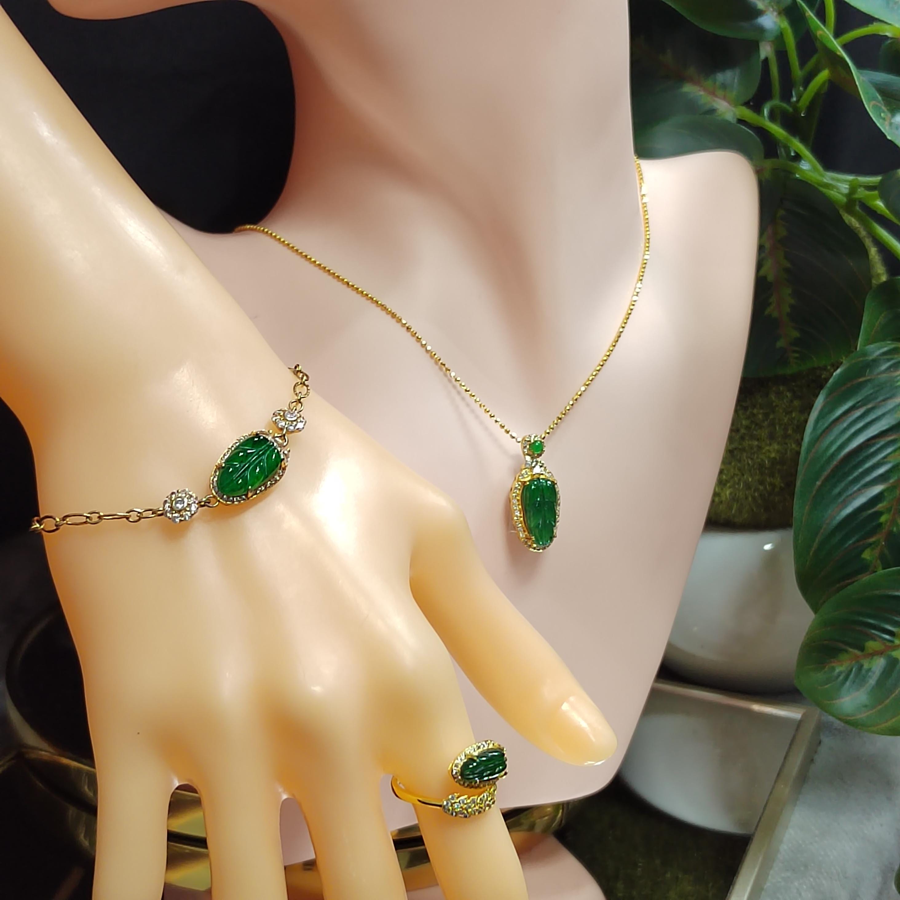 Certified Imperial Green Leaf Jadeite Necklace & Bracelet Set | 18k Gold Plated S925 Silver SL8004