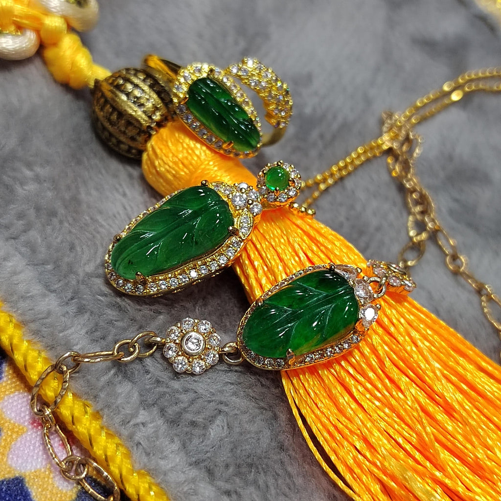 Certified Imperial Green Leaf Jadeite Necklace & Bracelet Set | 18k Gold Plated S925 Silver SL8004