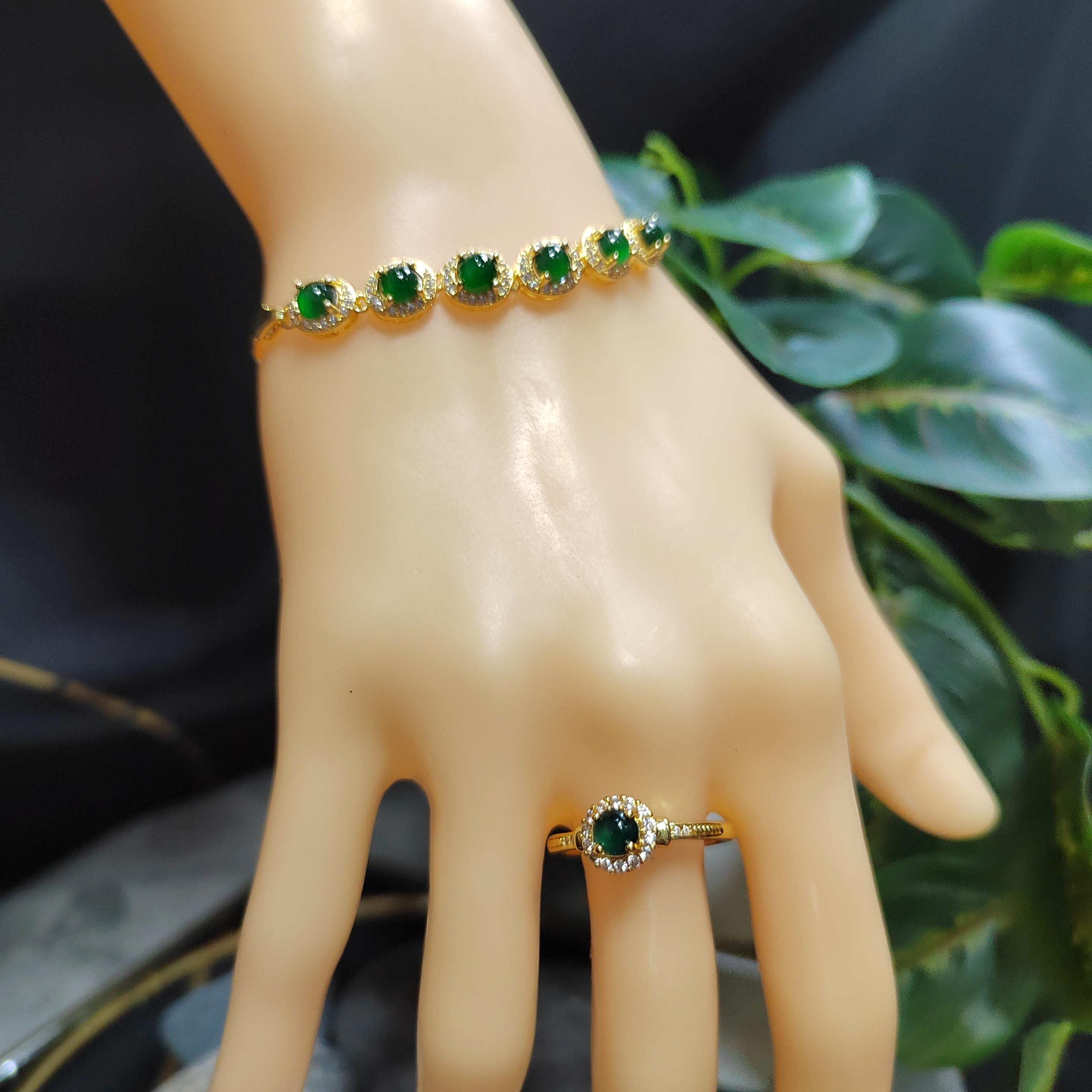 Elegant Guatemalan Jadeite Jewelry Silver Ring, Earring, Bracelet Set with Sparkling Zirconia Accents - 18K Gold Plated SL047