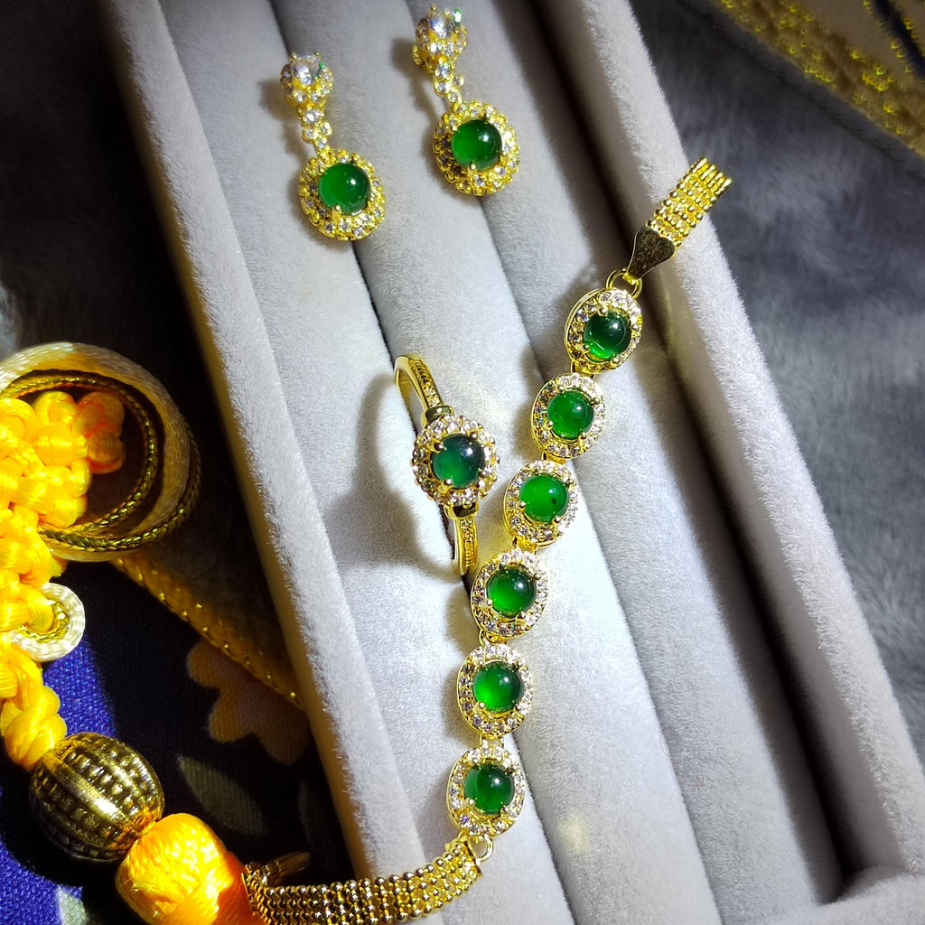 Elegant Guatemalan Jadeite Jewelry Silver Ring, Earring, Bracelet Set with Sparkling Zirconia Accents - 18K Gold Plated SL047