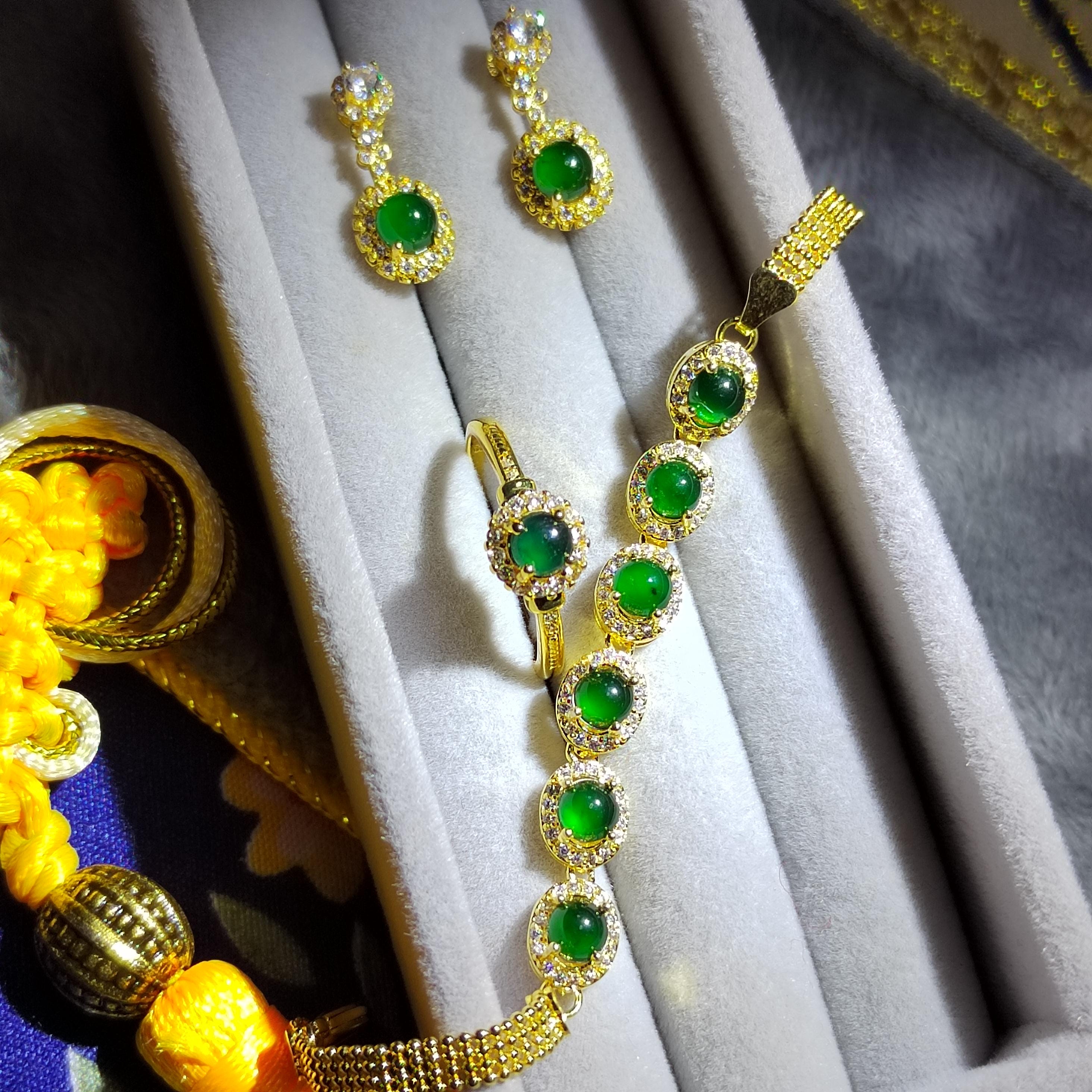 Elegant Guatemalan Jadeite Jewelry Silver Ring, Earring, Bracelet Set with Sparkling Zirconia Accents - 18K Gold Plated SL047