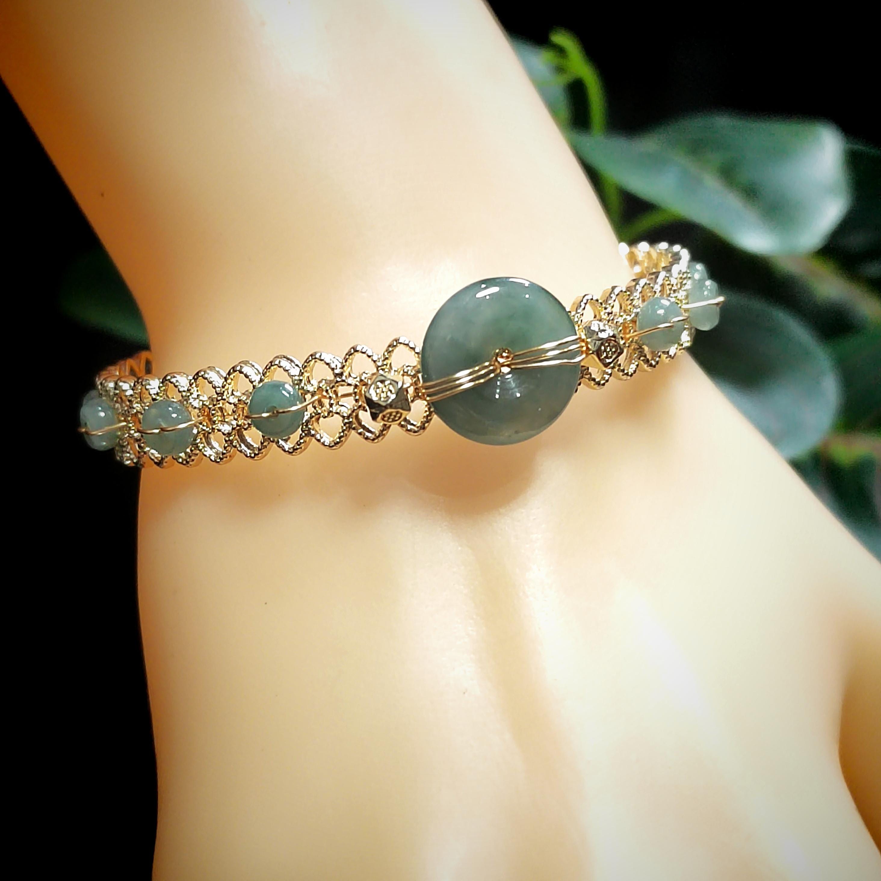 Luxury Adjustable Jadeite Donut Bangle | 14K Gold Plated | Icy Blue-Green Natural Jade Bracelet SL068