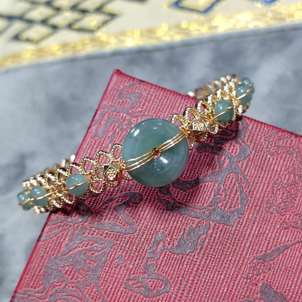 Luxury Adjustable Jadeite Donut Bangle | 14K Gold Plated | Icy Blue-Green Natural Jade Bracelet SL068