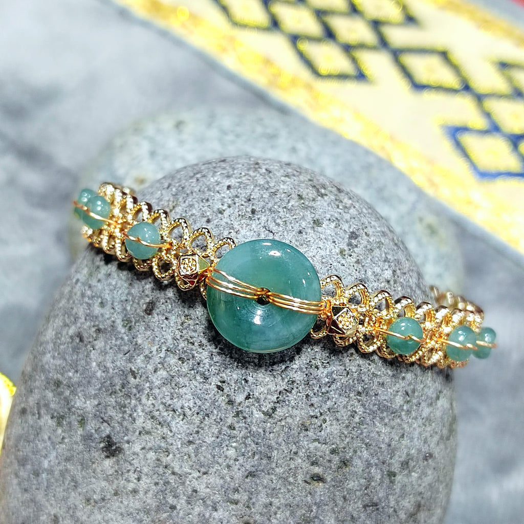 Luxury Adjustable Jadeite Donut Bangle | 14K Gold Plated | Icy Blue-Green Natural Jade Bracelet SL068
