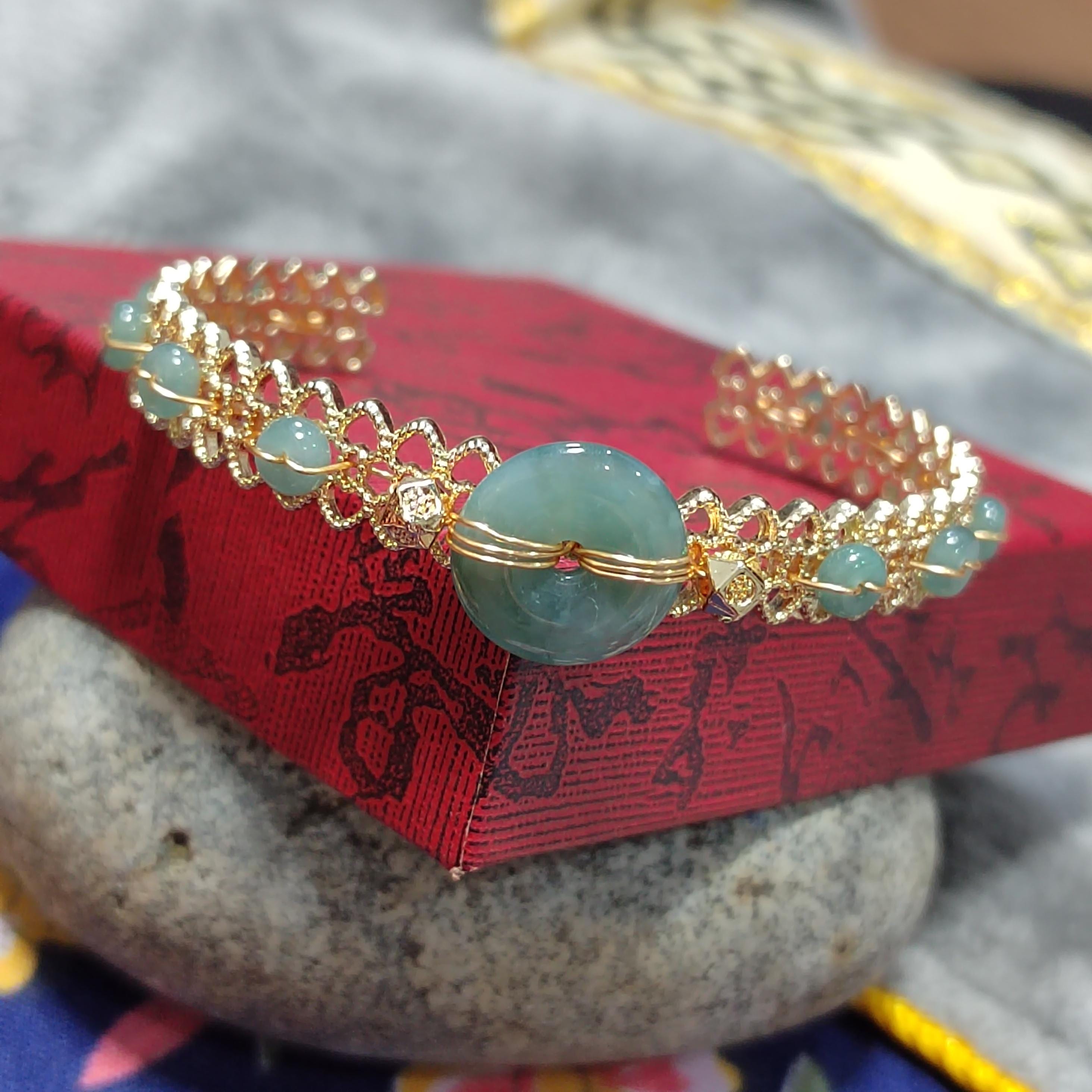 Luxury Adjustable Jadeite Donut Bangle | 14K Gold Plated | Icy Blue-Green Natural Jade Bracelet SL068