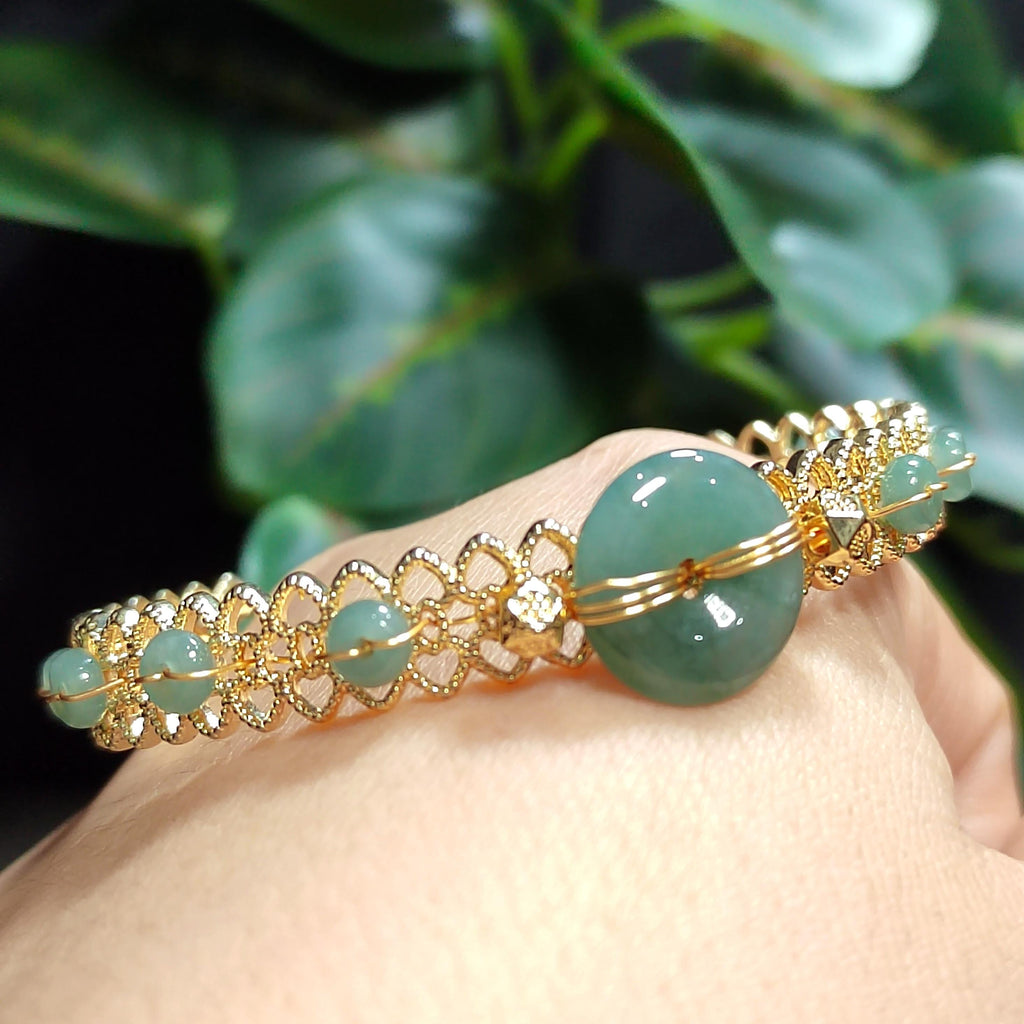 Luxury Adjustable Jadeite Donut Bangle | 14K Gold Plated | Icy Blue-Green Natural Jade Bracelet SL068