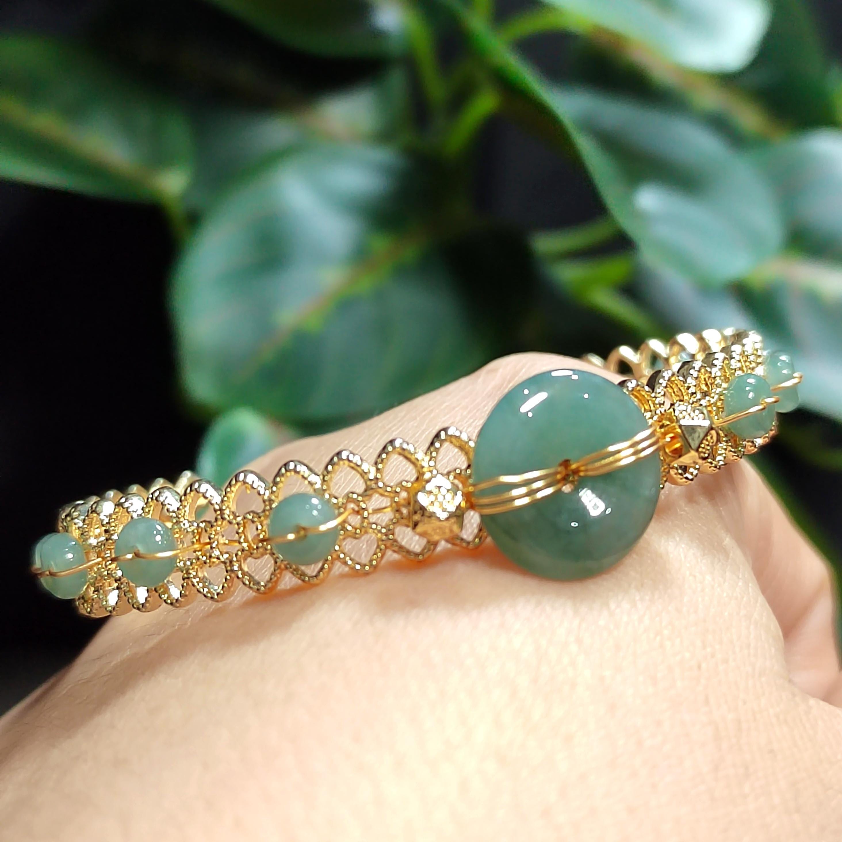 Luxury Adjustable Jadeite Donut Bangle | 14K Gold Plated | Icy Blue-Green Natural Jade Bracelet SL068