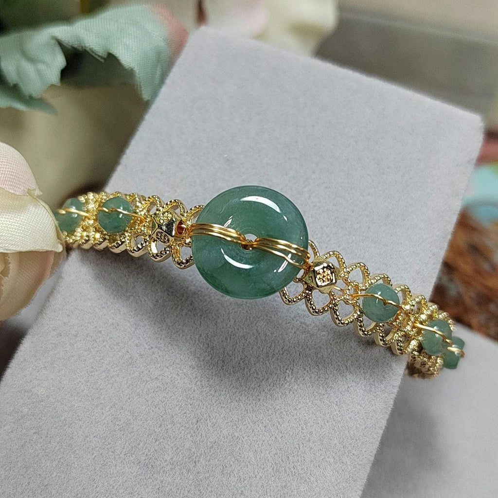 Luxury Adjustable Jadeite Donut Bangle | 14K Gold Plated | Icy Blue-Green Natural Jade Bracelet SL068