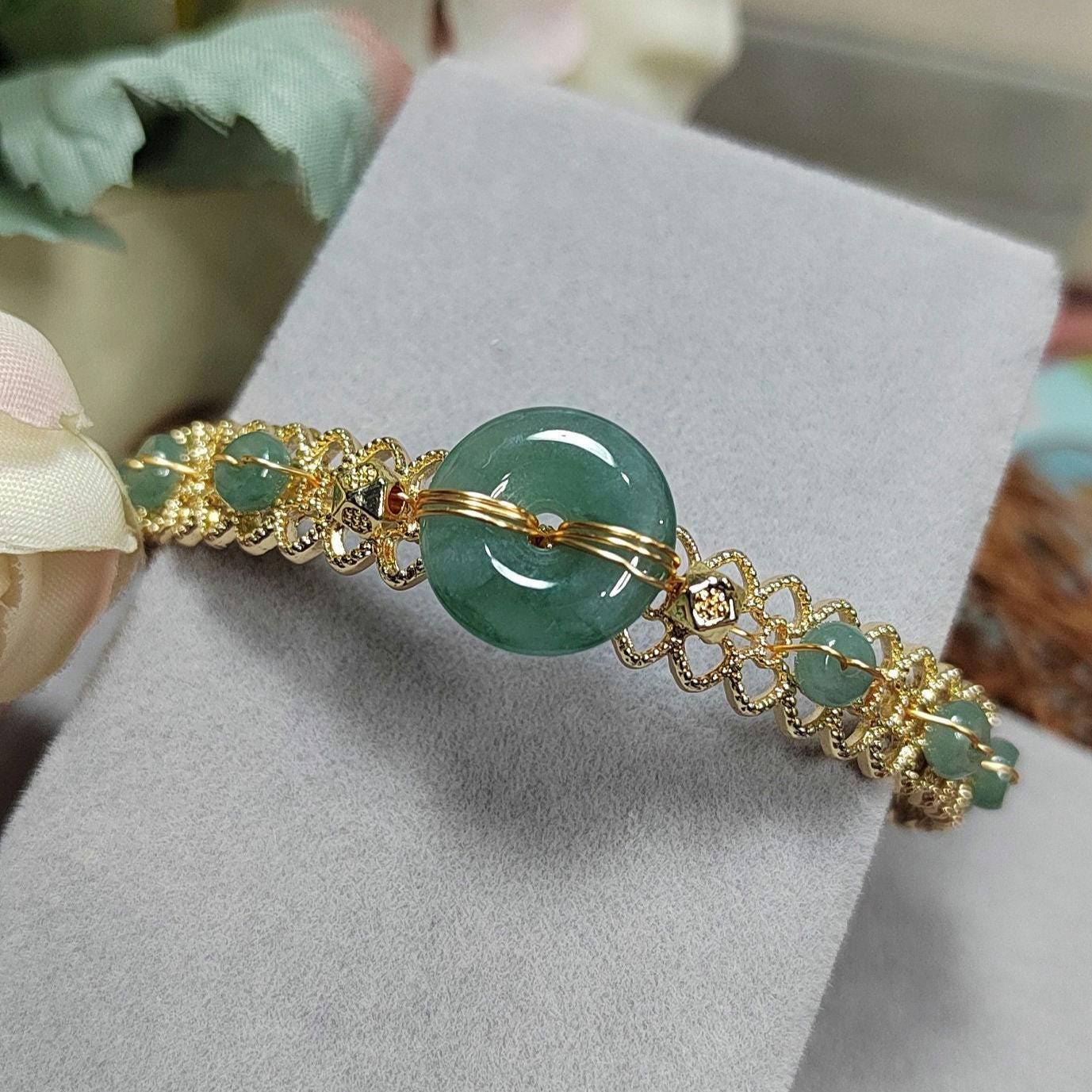 Luxury Adjustable Jadeite Donut Bangle | 14K Gold Plated | Icy Blue-Green Natural Jade Bracelet SL068