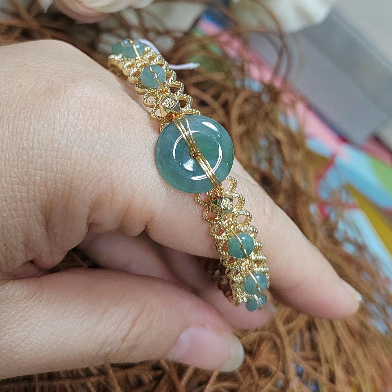 Luxury Adjustable Jadeite Donut Bangle | 14K Gold Plated | Icy Blue-Green Natural Jade Bracelet SL068
