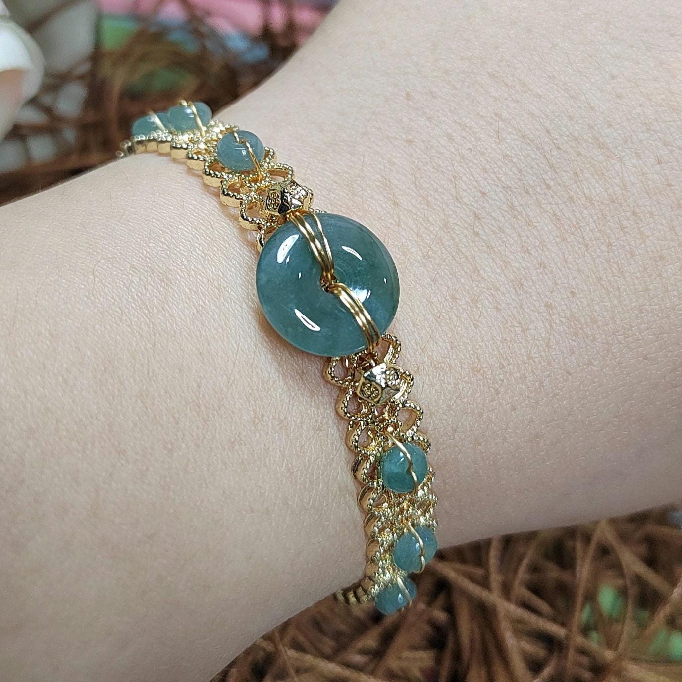 Luxury Adjustable Jadeite Donut Bangle | 14K Gold Plated | Icy Blue-Green Natural Jade Bracelet SL068