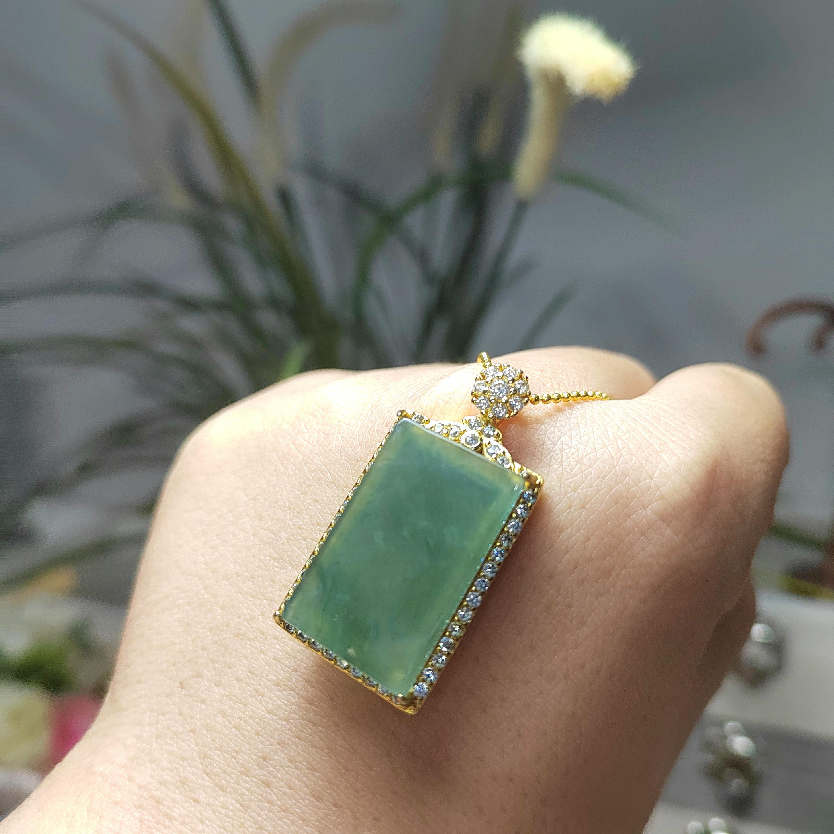Luxury Sugar Cane Juice Green Jadeite Pendant | Rectangle Natural Jade Necklace with 18K White Gold Plated Silver Chain 37mm SL077