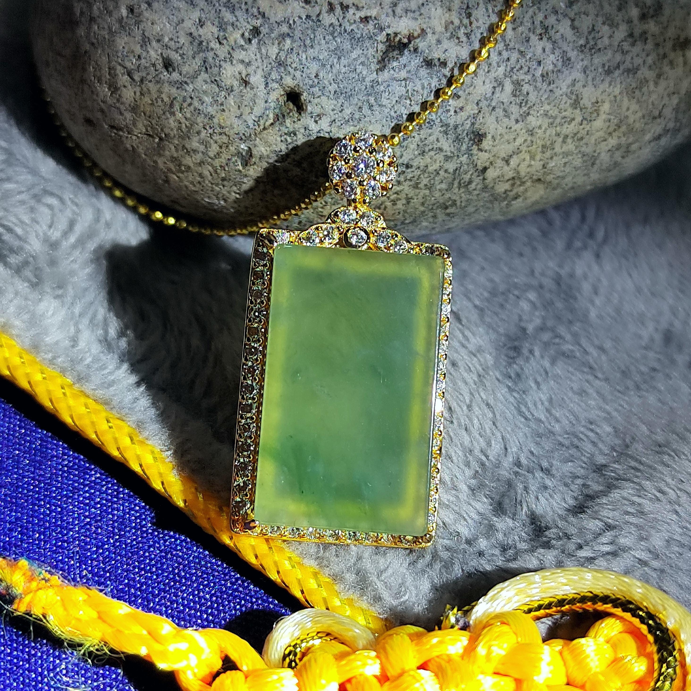 Luxury Sugar Cane Juice Green Jadeite Pendant | Rectangle Natural Jade Necklace with 18K White Gold Plated Silver Chain 37mm SL077