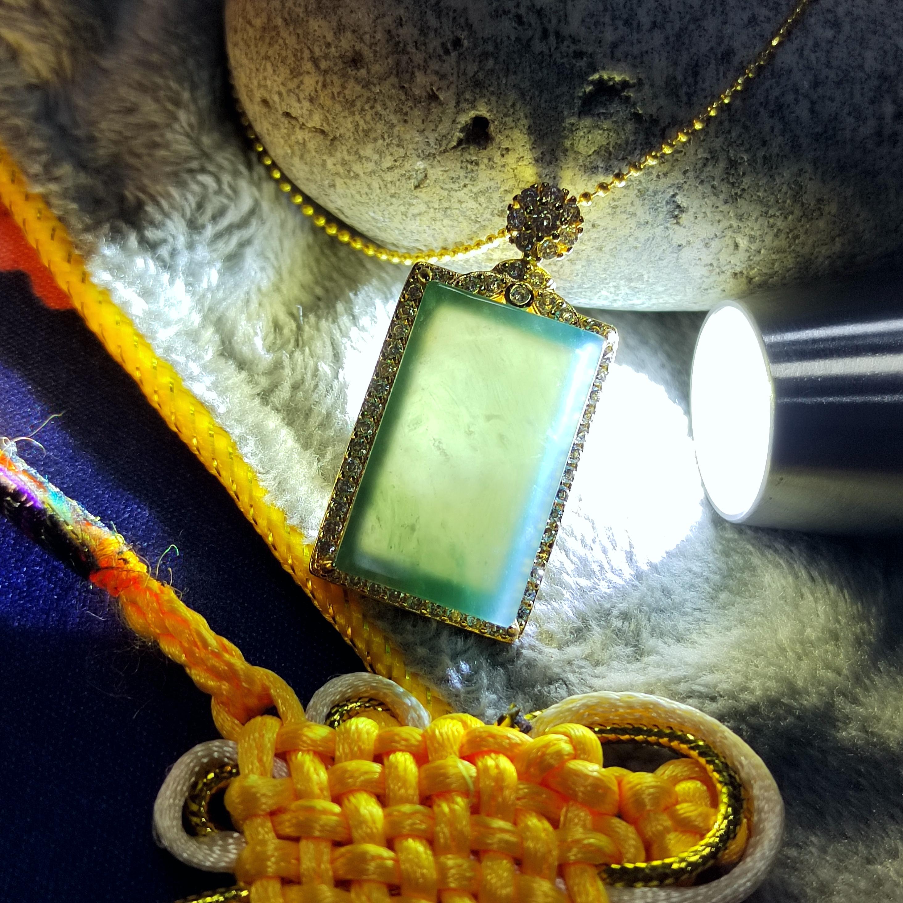 Luxury Sugar Cane Juice Green Jadeite Pendant | Rectangle Natural Jade Necklace with 18K White Gold Plated Silver Chain 37mm SL077
