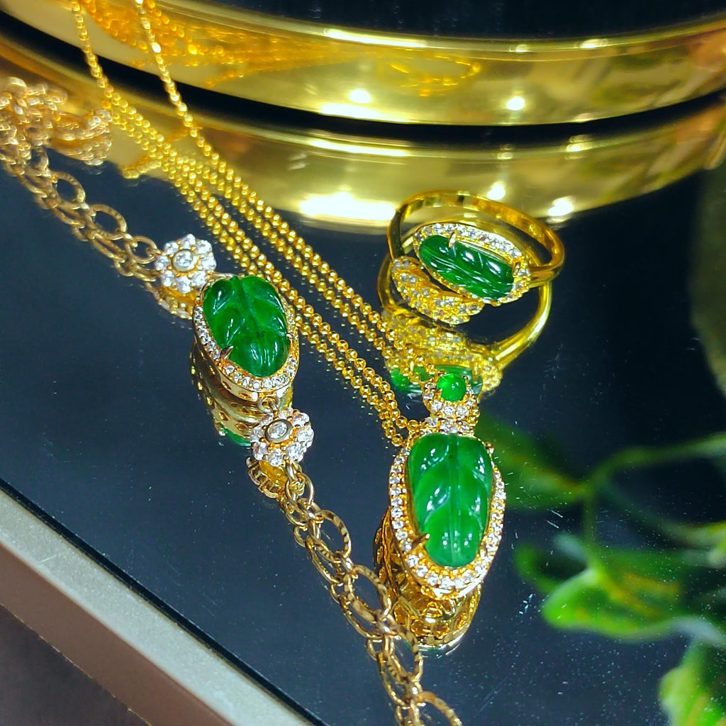 Certified Imperial Green Leaf Jadeite Necklace & Bracelet Set | 18k Gold Plated S925 Silver SL8004