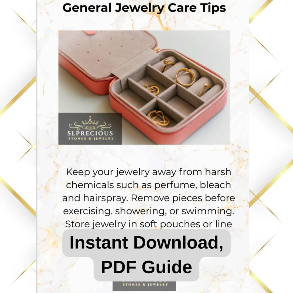 Jewelry care tips with a pink jewelry box containing gold necklaces on a white background.