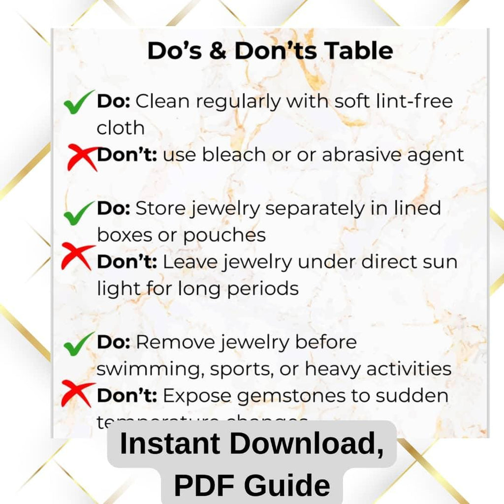 Do's and Don'ts table for jewelry care on a decorative background with text overlay.