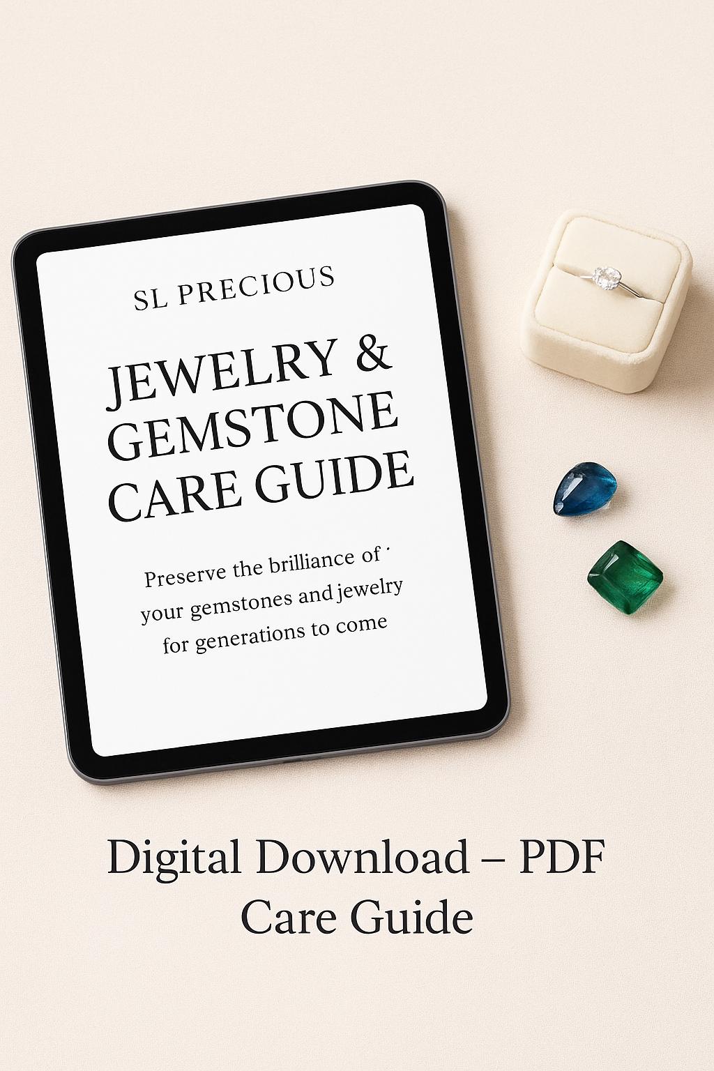Digital download of a jewelry and gemstone care guide on an tablet with jewelry items on a beige background.