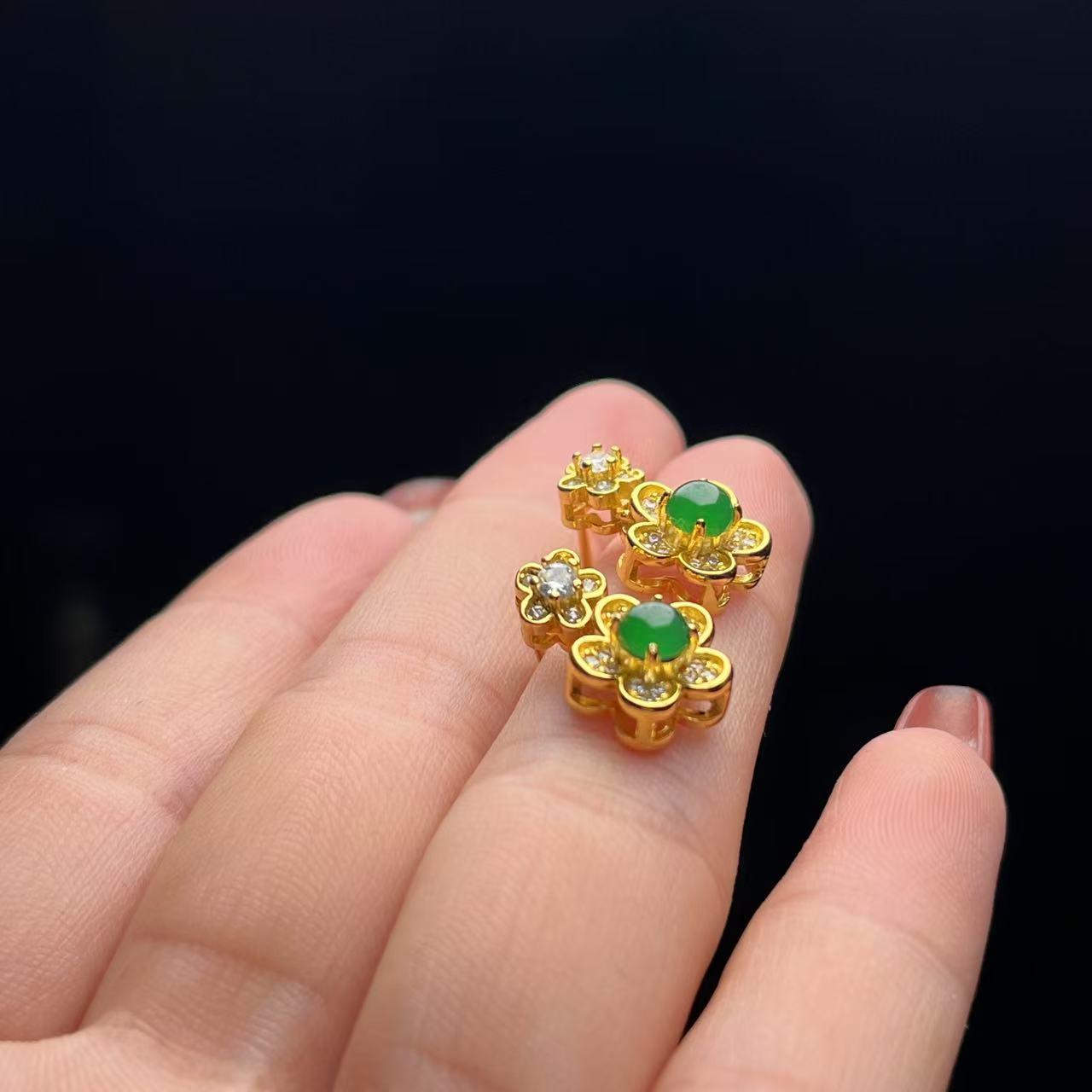 Certified Type A Jadeite Stud Earrings Imperial Green Halo Design Guatemalan Jade Flower Shape Luxury Gift Jewelry SL428/100