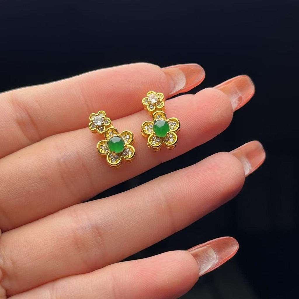 Certified Type A Jadeite Stud Earrings Imperial Green Halo Design Guatemalan Jade Flower Shape Luxury Gift Jewelry SL428/100