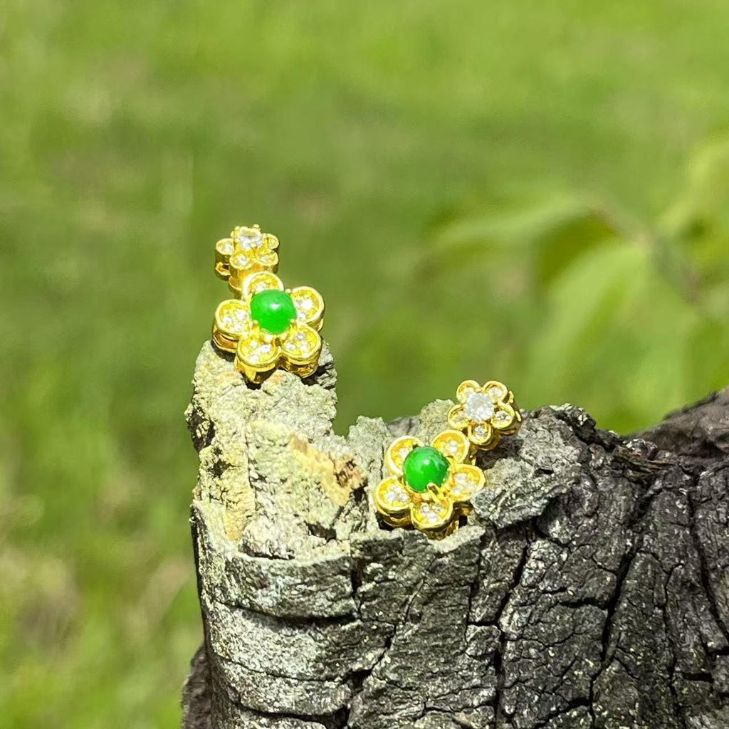 Certified Type A Jadeite Stud Earrings Imperial Green Halo Design Guatemalan Jade Flower Shape Luxury Gift Jewelry SL428/100