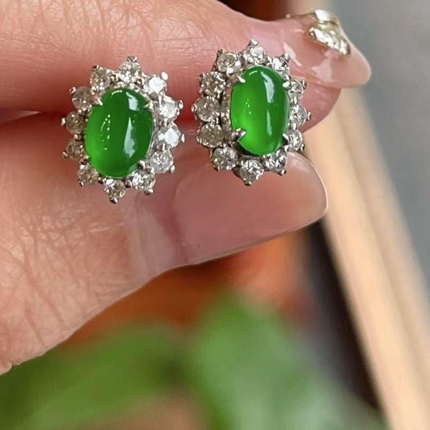 Oval Jadeite Stud Earrings – Certified Type A – Imperial Green Halo – Silver Tone Finish – Floral Gift Jewelry for Her SL429/100