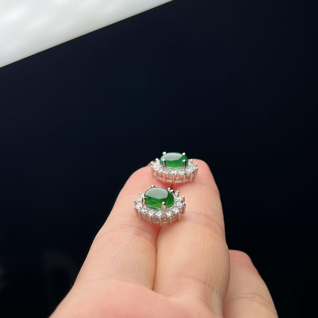 Oval Jadeite Stud Earrings – Certified Type A – Imperial Green Halo – Silver Tone Finish – Floral Gift Jewelry for Her SL429/100 SL Precious