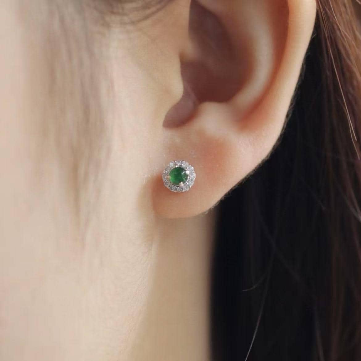 Round Jadeite Halo Studs – Certified Type A Green Gem – Silver Tone Earrings – Elegant Gift Jewelry for Her SL430/100