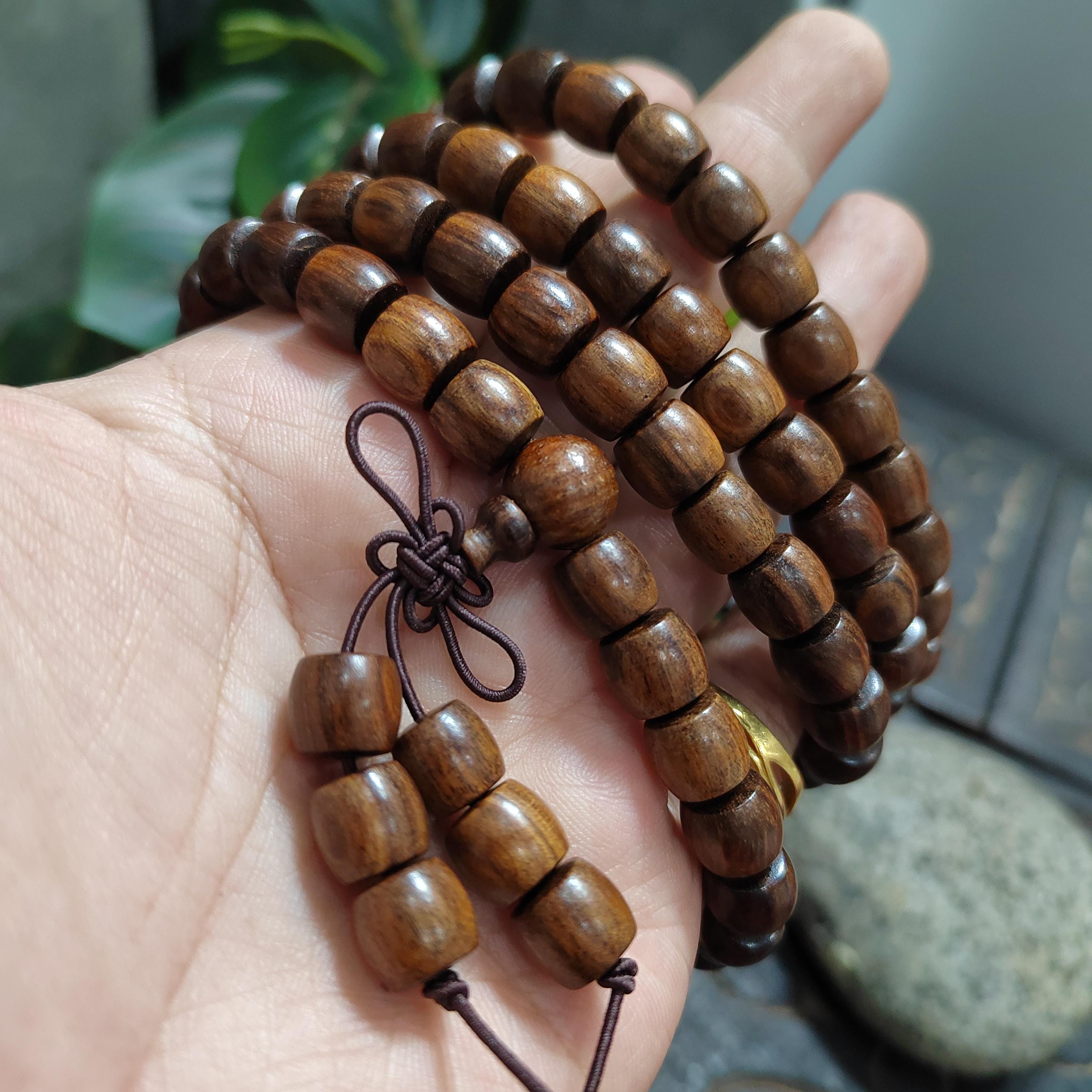 Luxury 108 Beads Papua Golden Thread Gongmu Mala | 15-Year Cultivated Barrel Wood Prayer Beads | Meditation Necklace for Panwan SL437