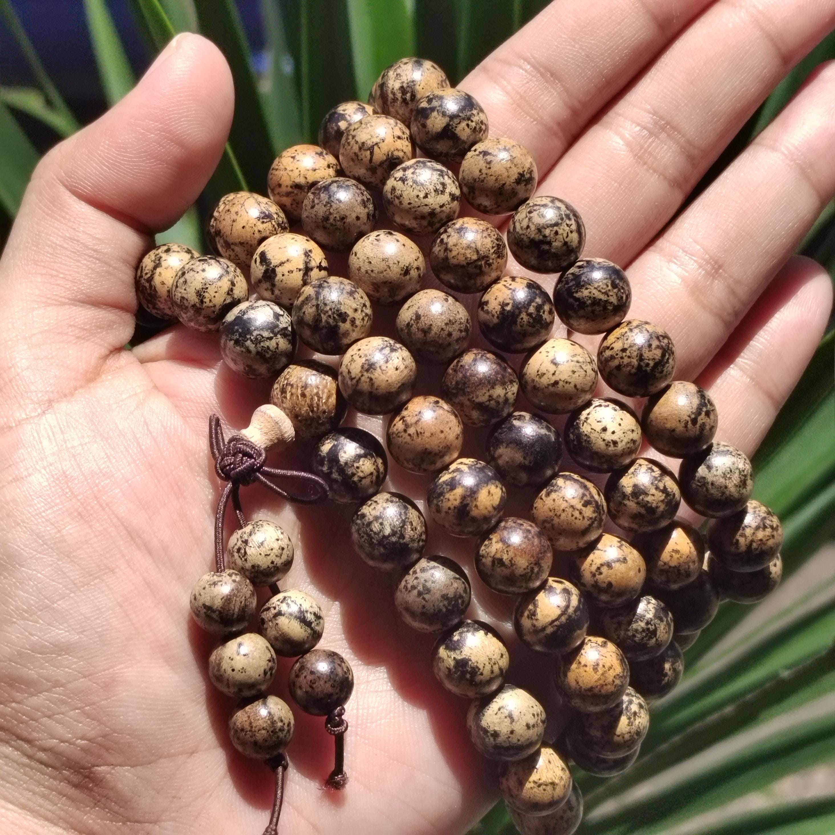 108 Beads Cultivated Agarwood Mala – Natural Spotted Grain Prayer Necklace | Unique Meditation Yoga Beads SL433D