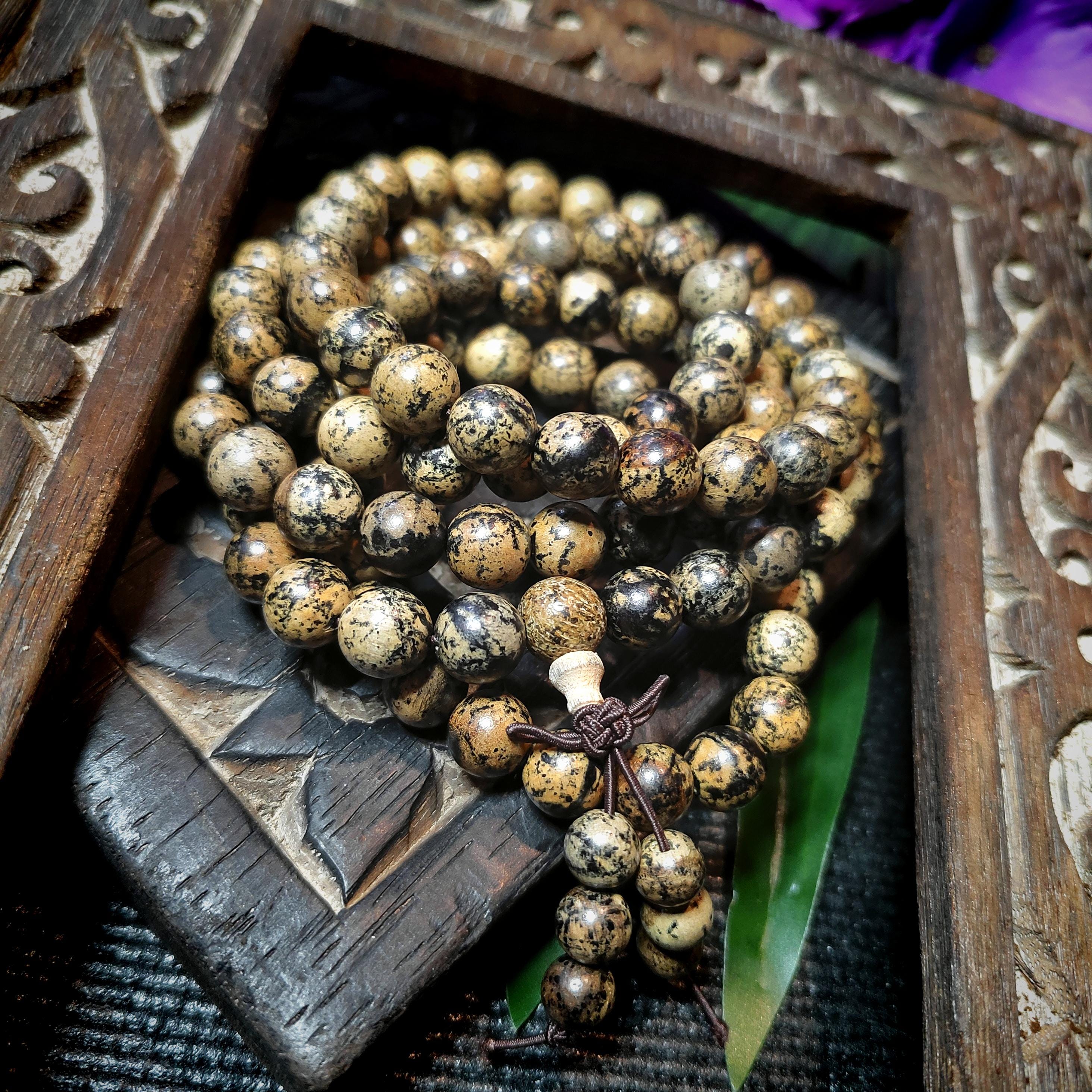 108 Beads Cultivated Agarwood Mala – Natural Spotted Grain Prayer Necklace | Unique Meditation Yoga Beads SL433D