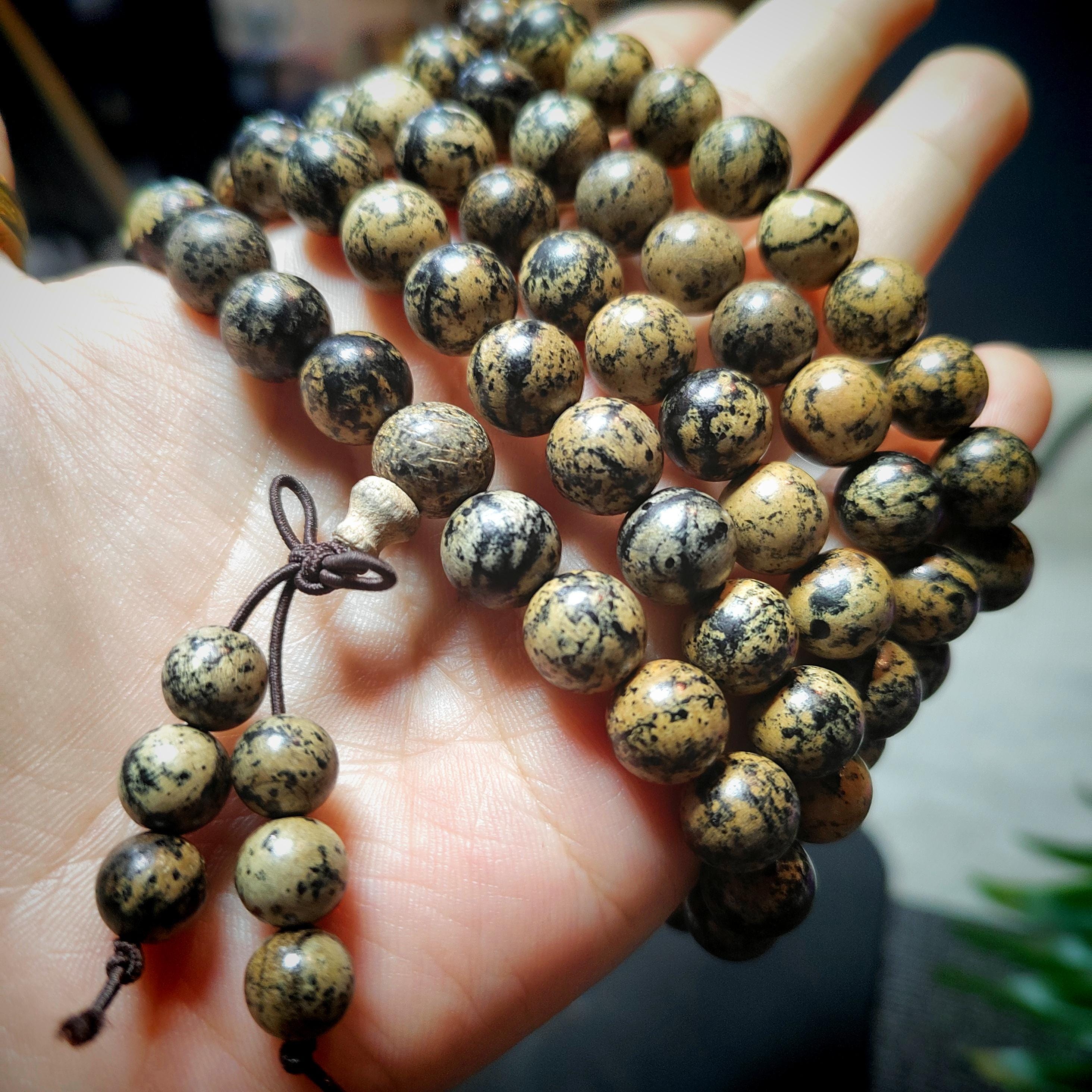 108 Beads Cultivated Agarwood Mala – Natural Spotted Grain Prayer Necklace | Unique Meditation Yoga Beads SL433D