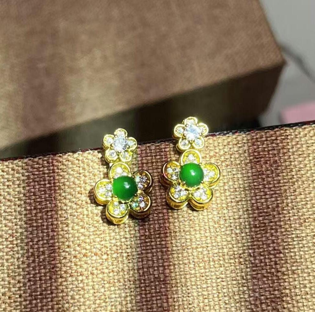 Certified Type A Jadeite Stud Earrings Imperial Green Halo Design Guatemalan Jade Flower Shape Luxury Gift Jewelry SL428/100