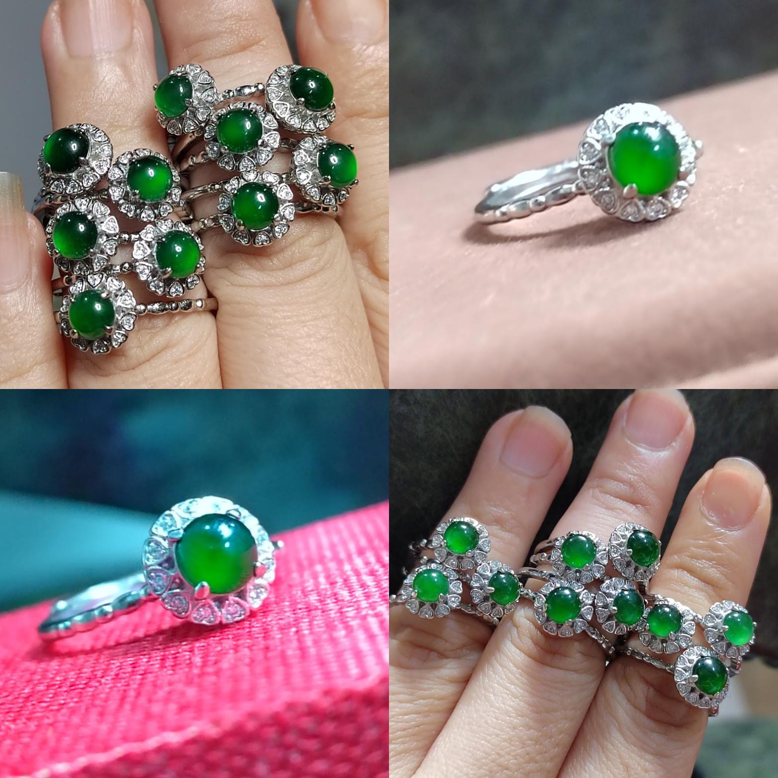 Collage of green gemstone rings with silver settings on fingers and a pink surface.