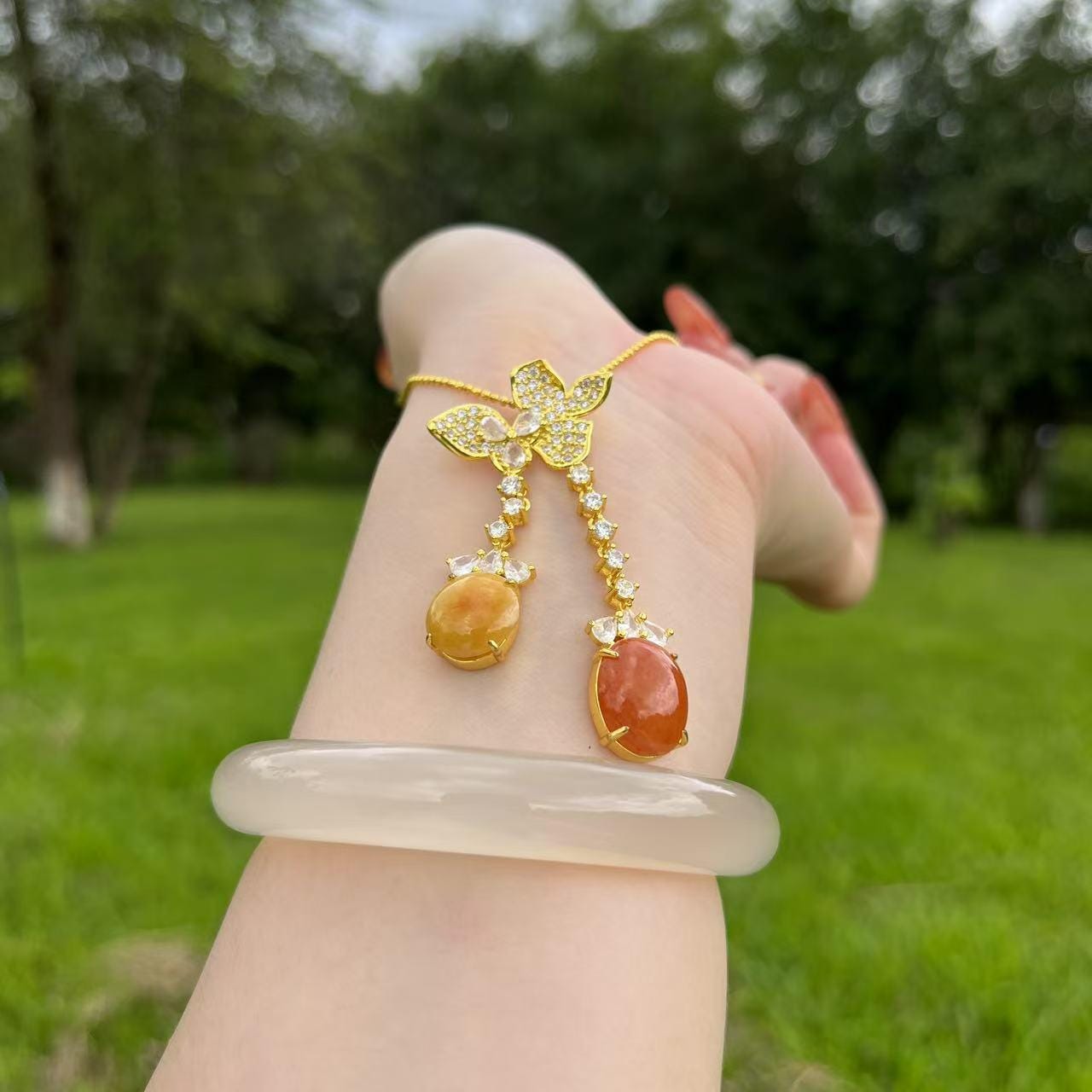 Certified Natural Jadeite Double Pendant Necklace | Red & Yellow Jade Butterfly Design | 18K Gold-Plated Elegant Jade Jewelry SL442/100